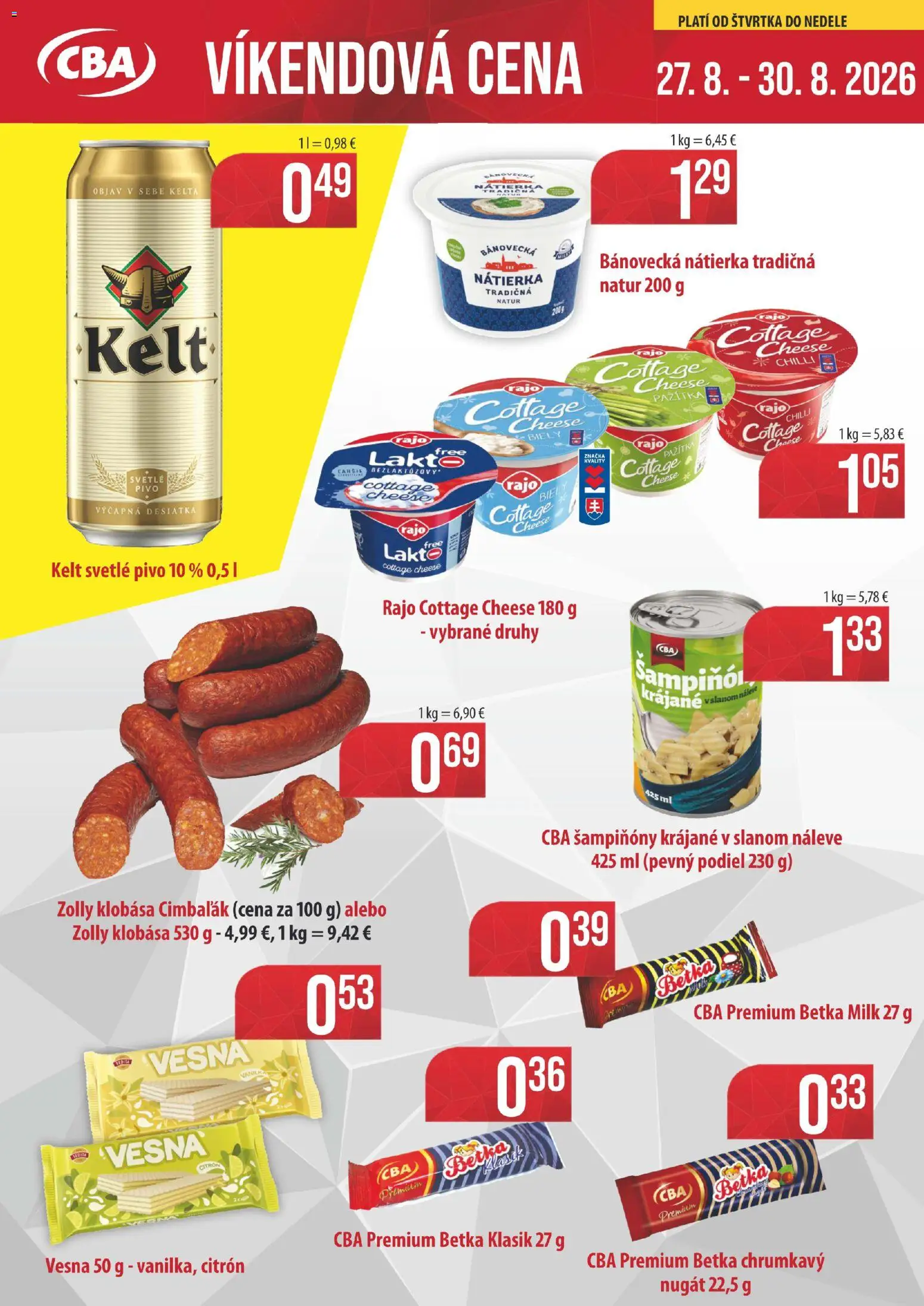 Nové CBA Komfos akcie – leták je platný od 27.08.2026 | Strana: 1 | Produkty: Chilli, Nátierka, Kelt, Šampiňóny