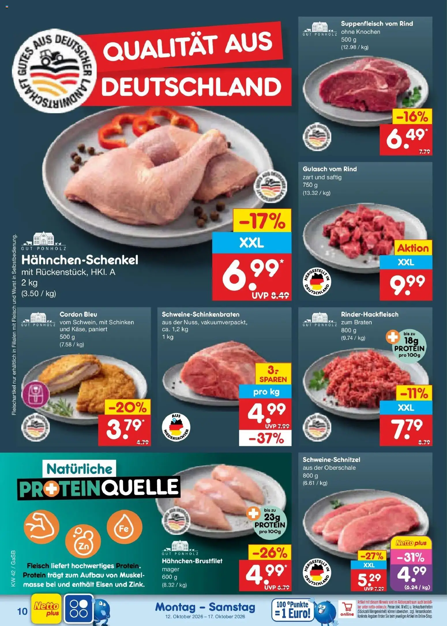 Netto Marken-Discount Prospekt Oldenburg (ab 12.10.2026) » Angebote | Seite: 12 | Produkte: Hahnchenschenkel, Gulasch, Wurst, Schinken