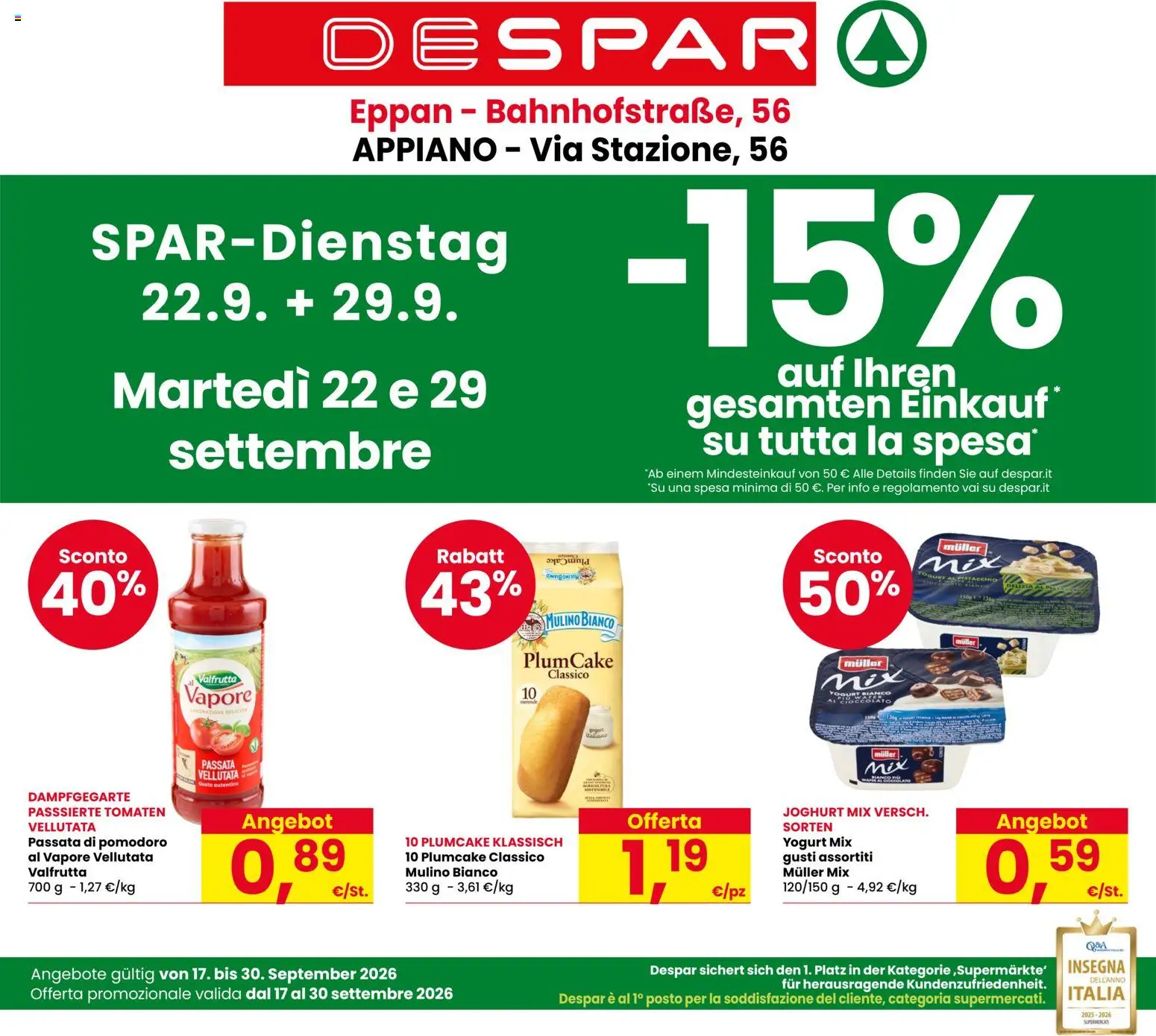 Volantino Despar del 17/09/2026 | Pagina: 1 | Prodotti: Pistacchio, Cioccolato, Pomodoro, Plumcake