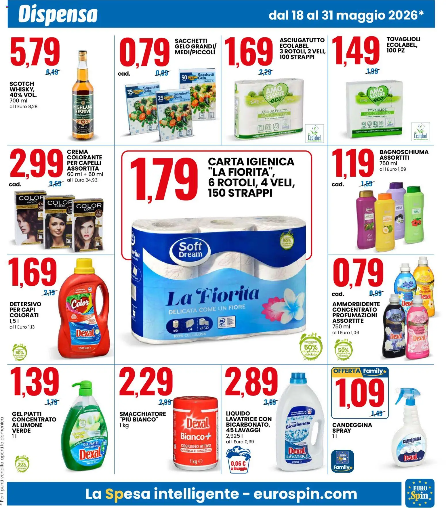 Volantino Eurospin del 18.05.2026 | Pagina: 9 | Prodotti: Crema, Ammorbidente, Candeggina, Lavatrice