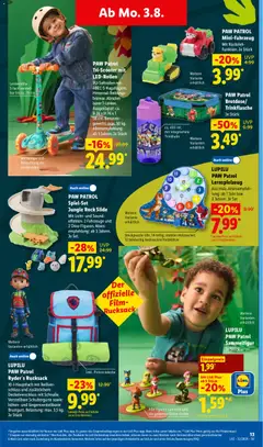LUPILU PAW Patrol Ryder's Rucksack, 10-l-Hauptfach mit Reißverschluss und zusätzlichem Deckelverschluss mit Schnalle. Verstellbare Schultergurte sowie höhen- und längenverstellbarer Brustgurt. Belastung: max. 3,5 kg. Je Stück Inkl. Picknickdecke ab 03.08.2026 gültig | Seite: 29
