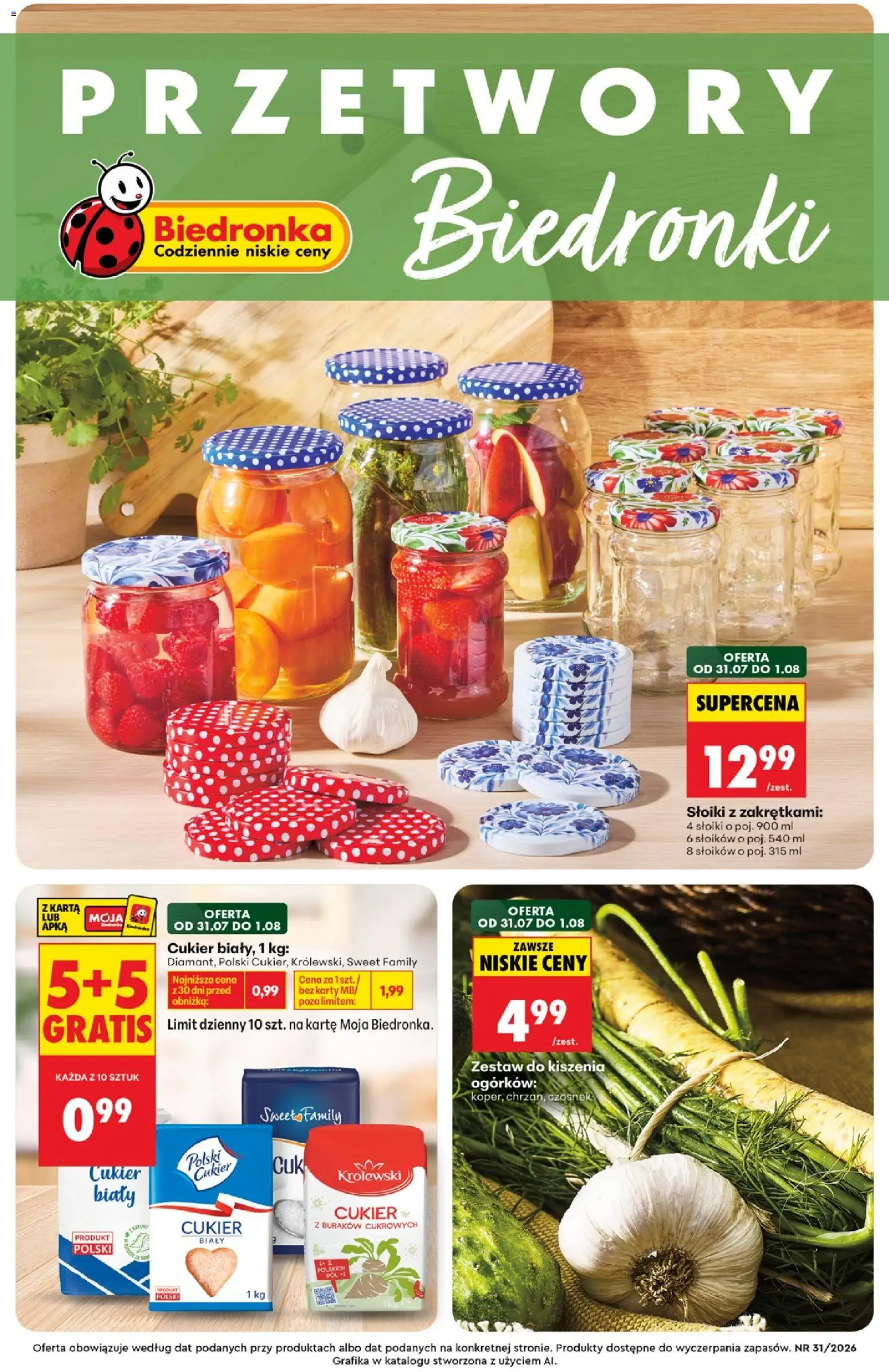 Biedronka gazetka - Przetwory od 31.07.2026 | Strona: 1 | Produkty: Czosnek, Karta, Zestaw do kiszenia ogórków, Cukier