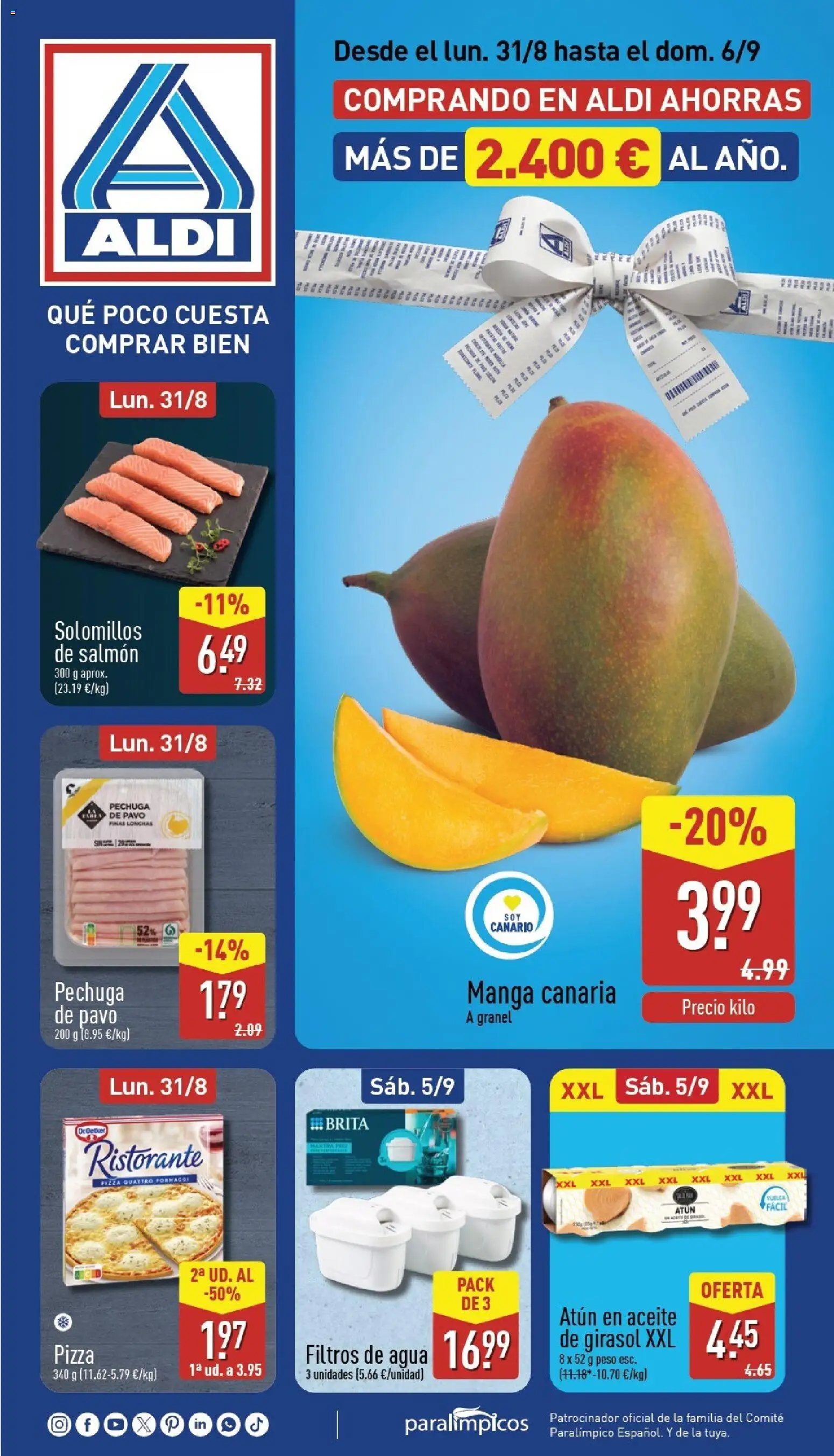 Aldi folleto Canarias │ válido desde el 31/08/2026 | Página: 1 | Productos: Aceite, Salmón, Agua, Pavo