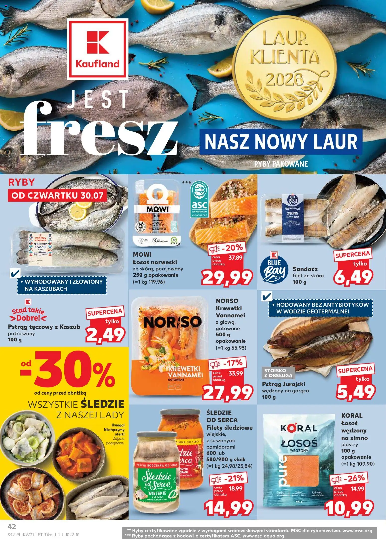 Kaufland gazetka od 30.07.2026 | Strona: 42 | Produkty: Śledzie, Krewetki, Sandacz, Łosoś