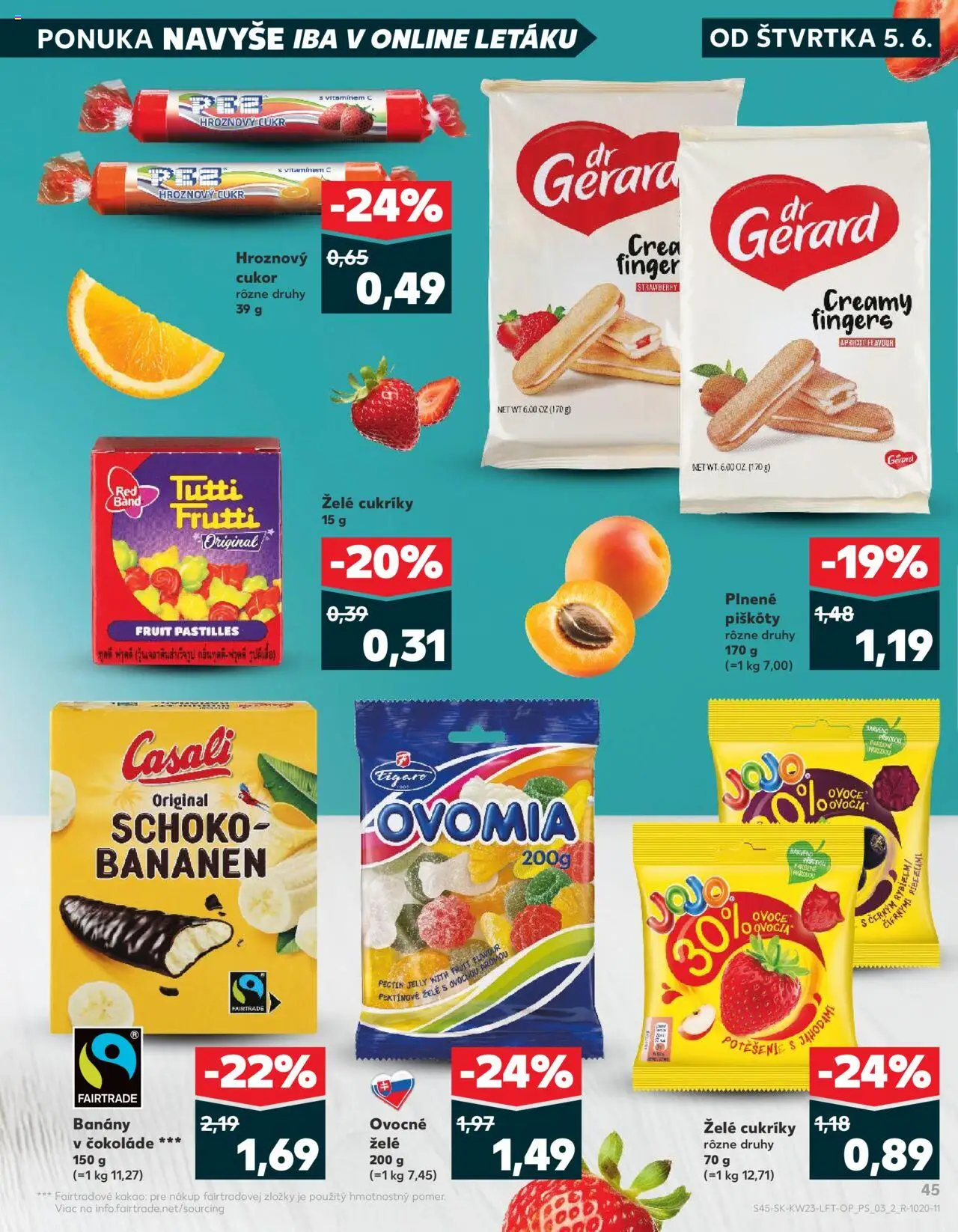 Nové Kaufland akcie – leták je platný od 05.06.2025 | Strana: 45 | Produkty: Banány v čokoláde, Cukor, Cukríky, Kakao