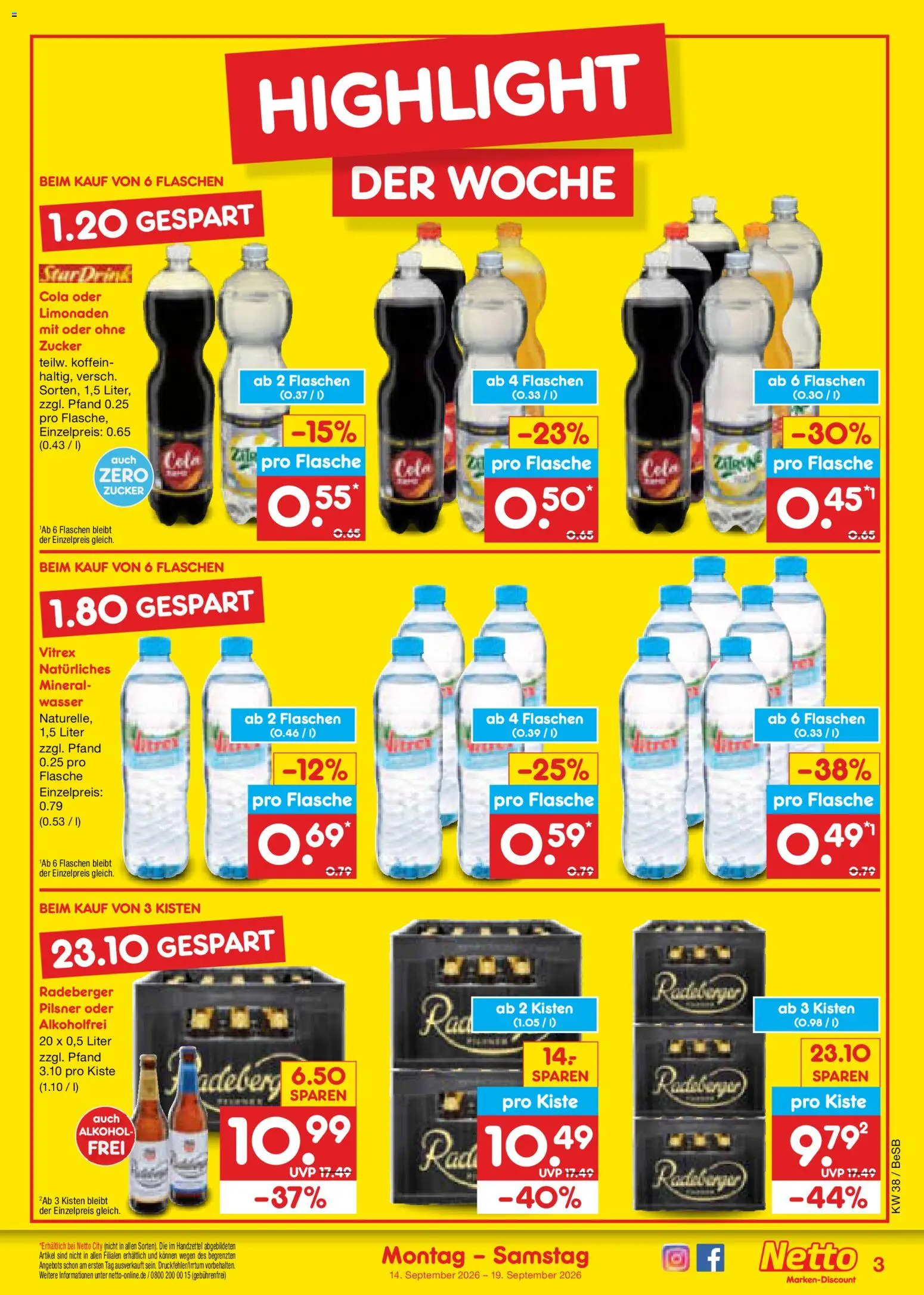 Netto Marken-Discount Prospekt – gültig ab 14.09.2026 | Seite: 3 | Produkte: Wasser, Alkohol, Zucker, Radeberger pilsner