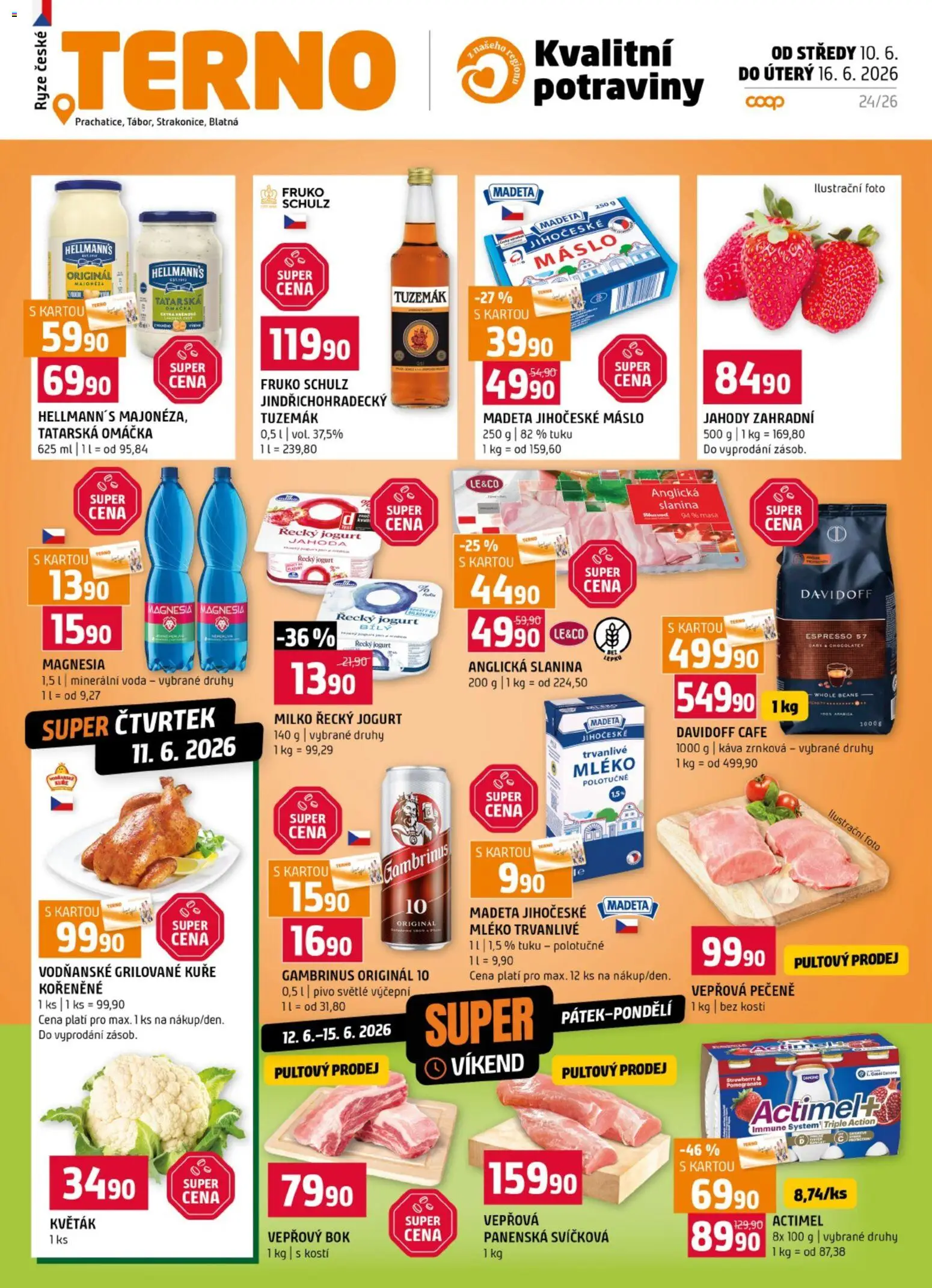 Terno leták od 10.06.2026 | Strana: 1 | Produkty: Madeta Jihočeské máslo, Actimel, Kuře, Minerální voda