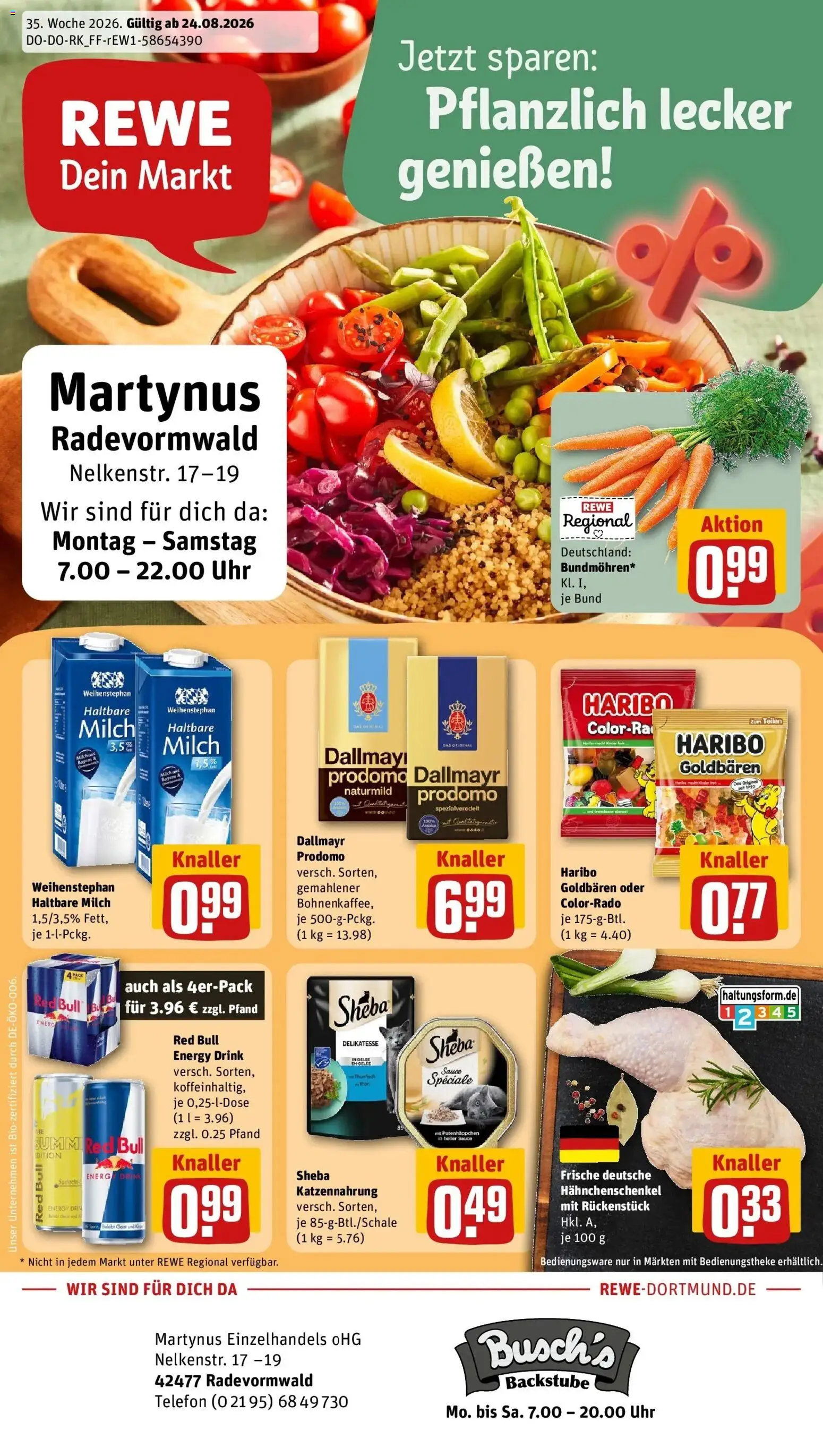 REWE Prospekt ab 24.08.2026 zum Blättern » Angebote | Seite: 1 | Produkte: Red bull, Hahnchenschenkel, Milch, Dallmayr