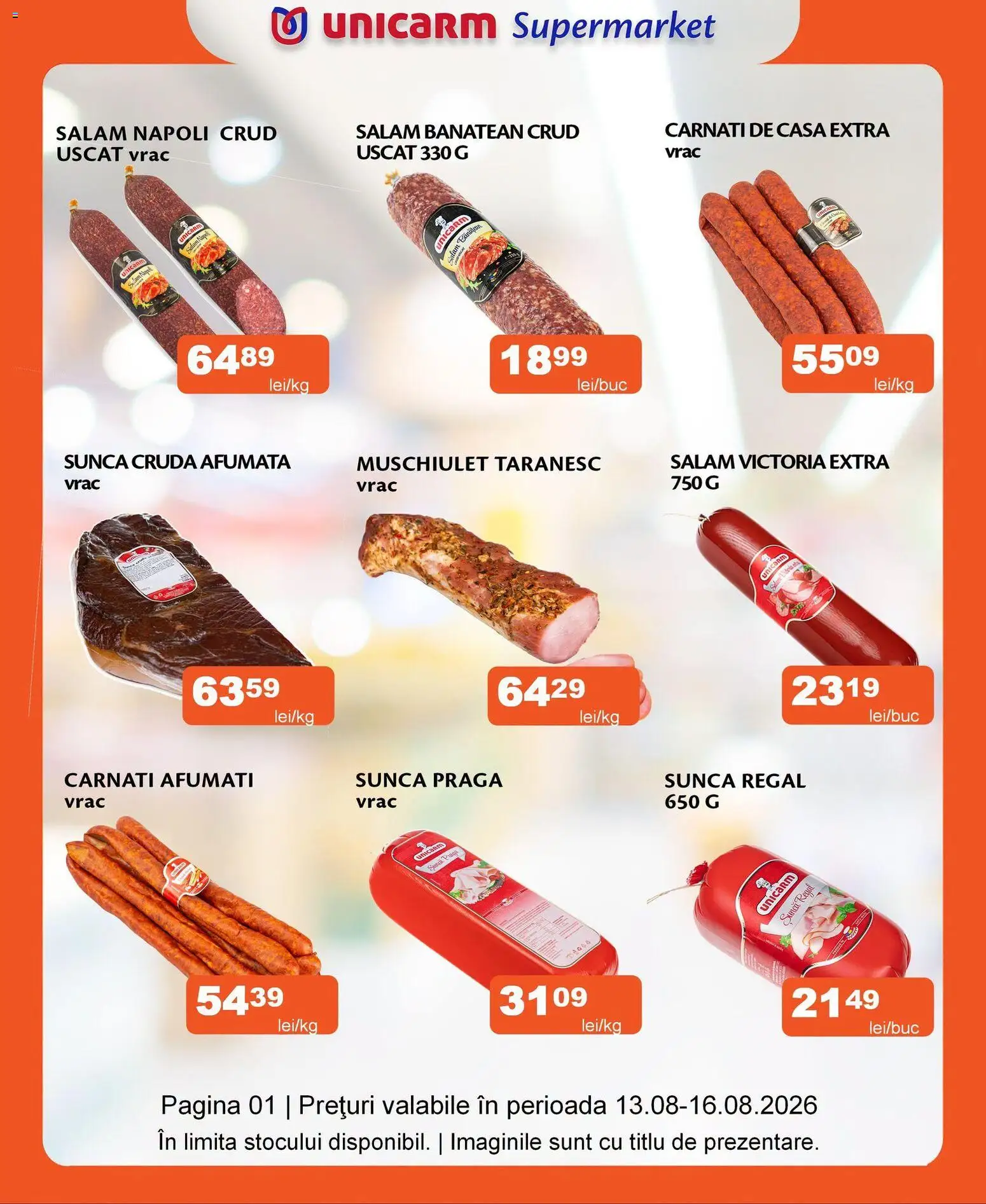 Noul catalog Unicarm – valabil de la 13.08.2026 | Pagină: 1 | Produse: Sunca praga, Salam, Șuncă, Cârnați