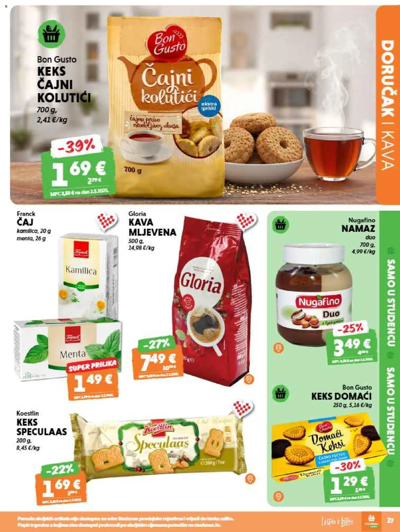 Studenac katalog | vrijedi od 09.09.2026 | Stranica: 27 | Proizvodi: Čajni kolutići, Kava, Keks, Namaz