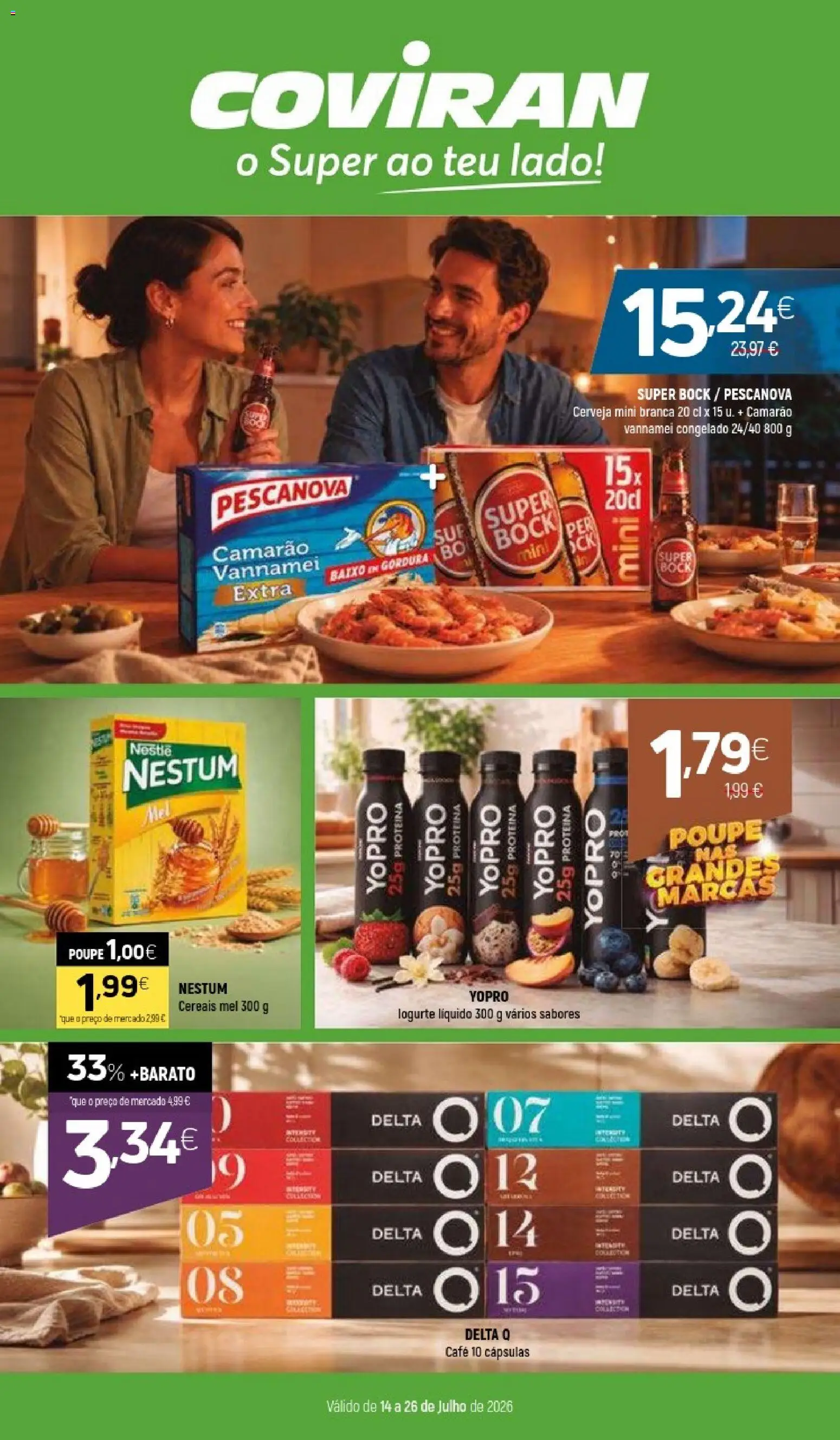 Coviran folheto │ válido de 14/07/2026 | Página: 1 | Produtos: Delta q, Super bock, Mel, Cereais