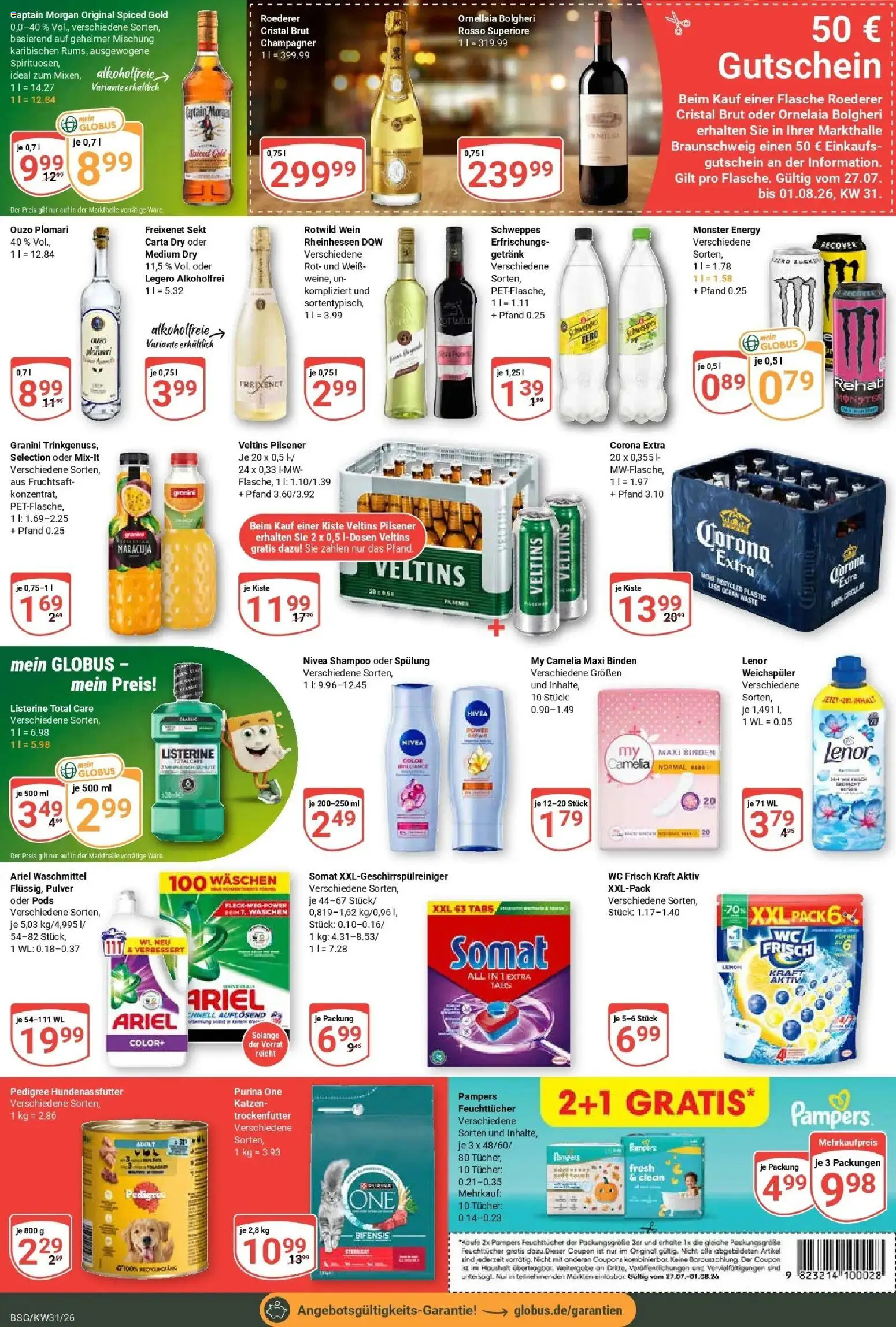 Globus Prospekt Braunschweig – gültig ab 27.07.2026 | Seite: 3 | Produkte: Pampers, Waschmittel, Captain morgan, Ouzo plomari