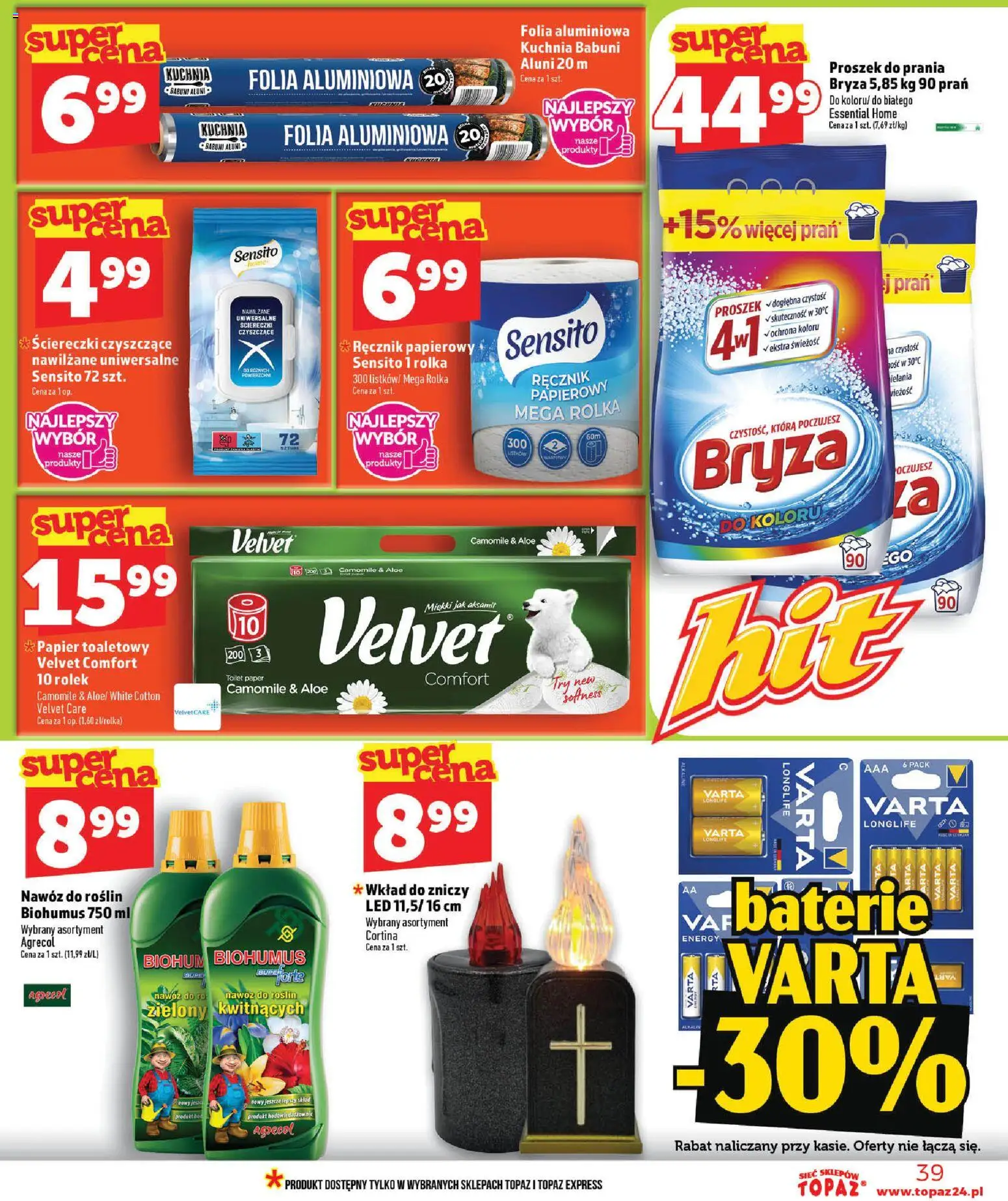 Topaz gazetka - Ceny małe na stałe od 16.07.2026 | Strona: 39 | Produkty: Papier toaletowy, Baterie, Proszek do prania, Ręcznik papierowy
