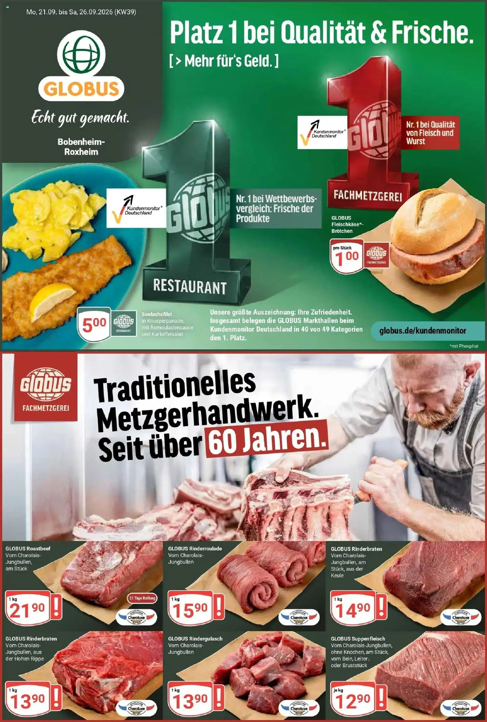 Globus Prospekt Bobenheim-Roxheim (ab 21.09.2026) » Angebote online | Seite: 1 | Produkte: Rindergulasch, Roastbeef, Suppenfleisch, Fleisch