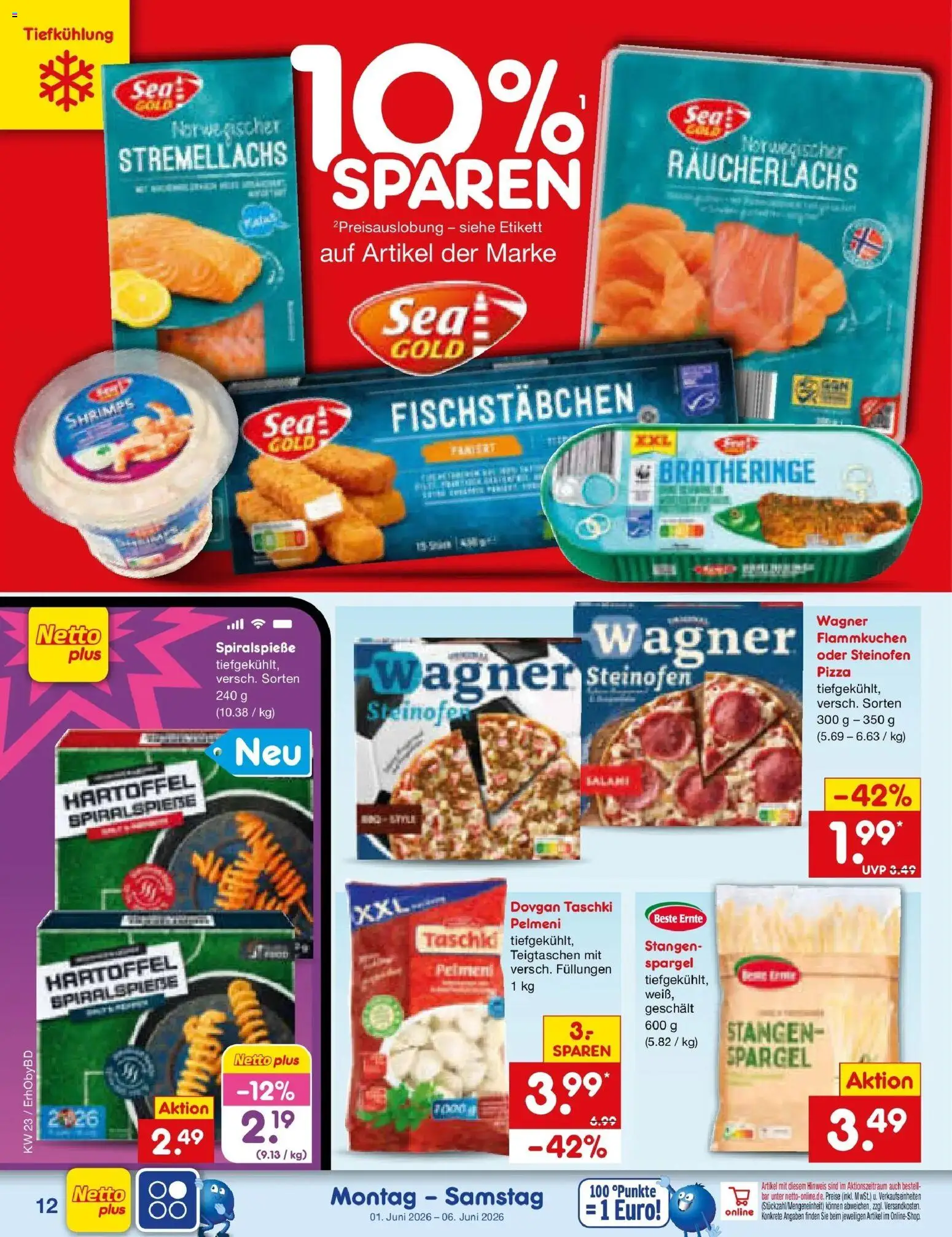 Netto Marken-Discount Prospekt Velden – gültig ab 01.06.2026 | Seite: 14 | Produkte: Spargel, Räucherlachs, Fischstabchen, Pizza