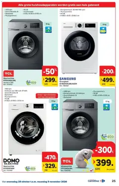 TCL Wasmachine FF1124SA2NL, Washer with 1400 tpm, energy consumption 112 kWh/year, energy efficiency B, 14 programs, 76 dB, H 85 x B 60 x D 65 cm - Voorbeeld van een folder van Carrefour, geldig van 28/10/2026 | Pagina: 25 | Producten: Wasmachine