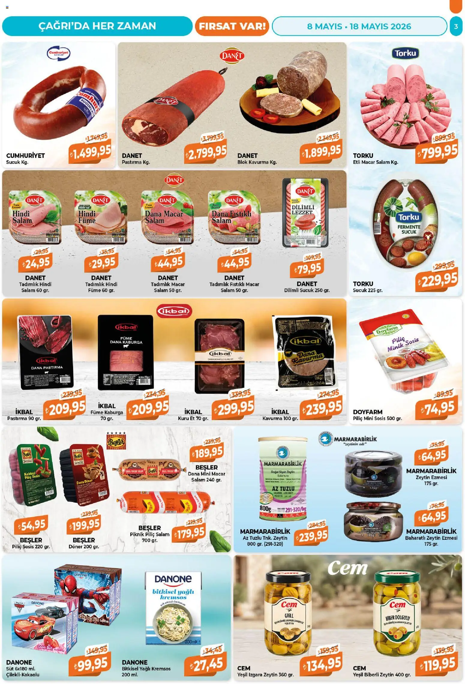 Çağrı Market Katalog - 08.05.2026 tarihinden itibaren geçerlidir | Sayfa: 3 | Ürünler: Döner, Süt, Biber, Sosis