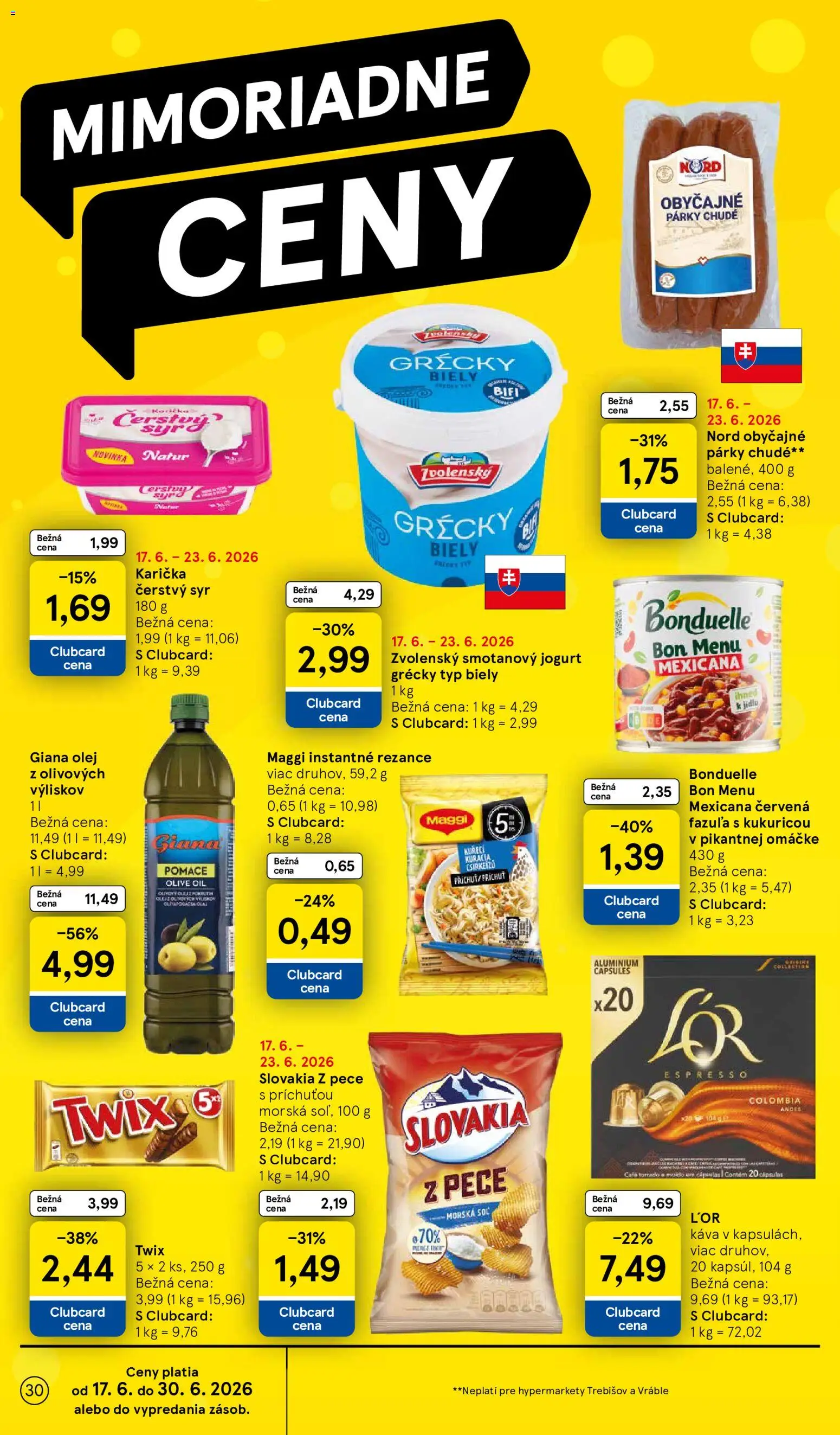 Nové Tesco akcie – leták je platný od 17.06.2026 | Strana: 30 | Produkty: Syr, Olej, Káva, Párky
