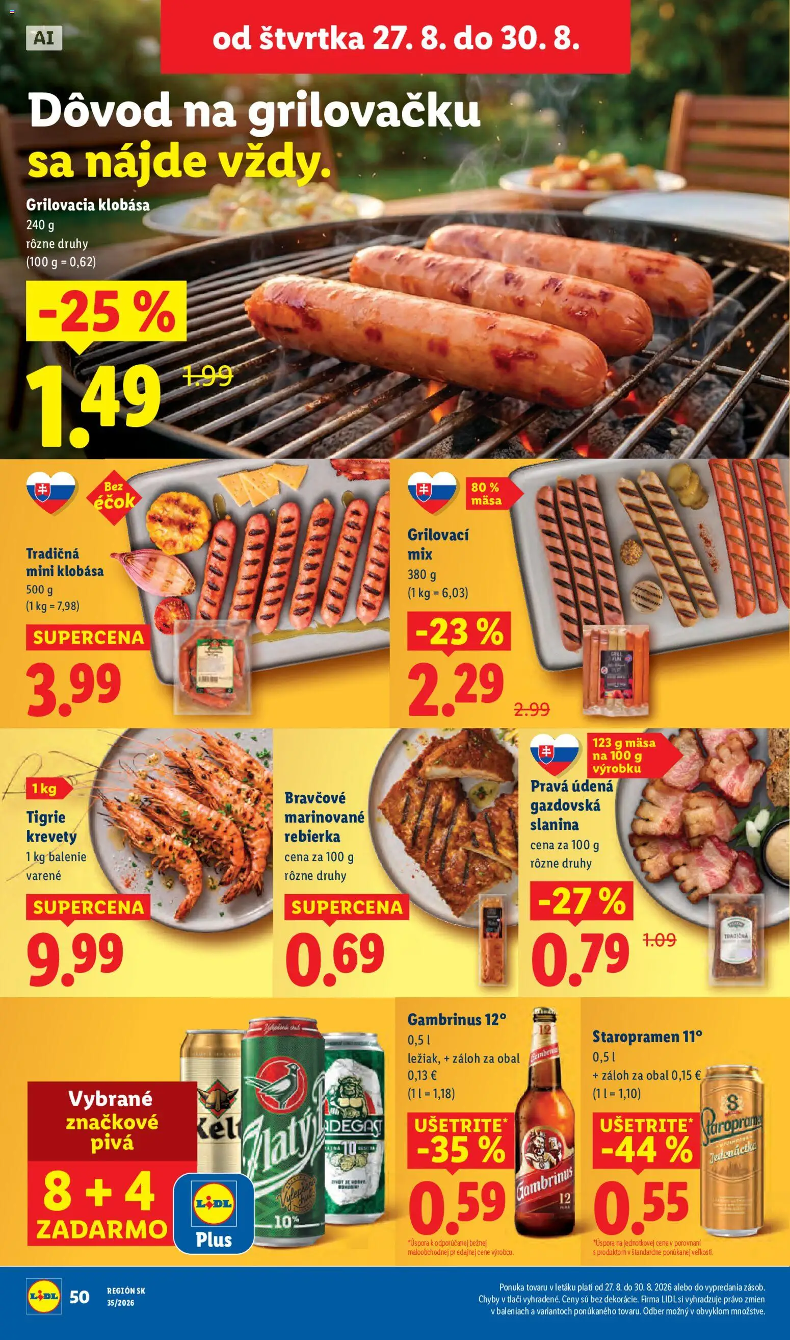 Nové Lidl akcie – leták je platný od 24.08.2026 | Strana: 60 | Produkty: Krevety, Klobása, Staropramen, Gambrinus