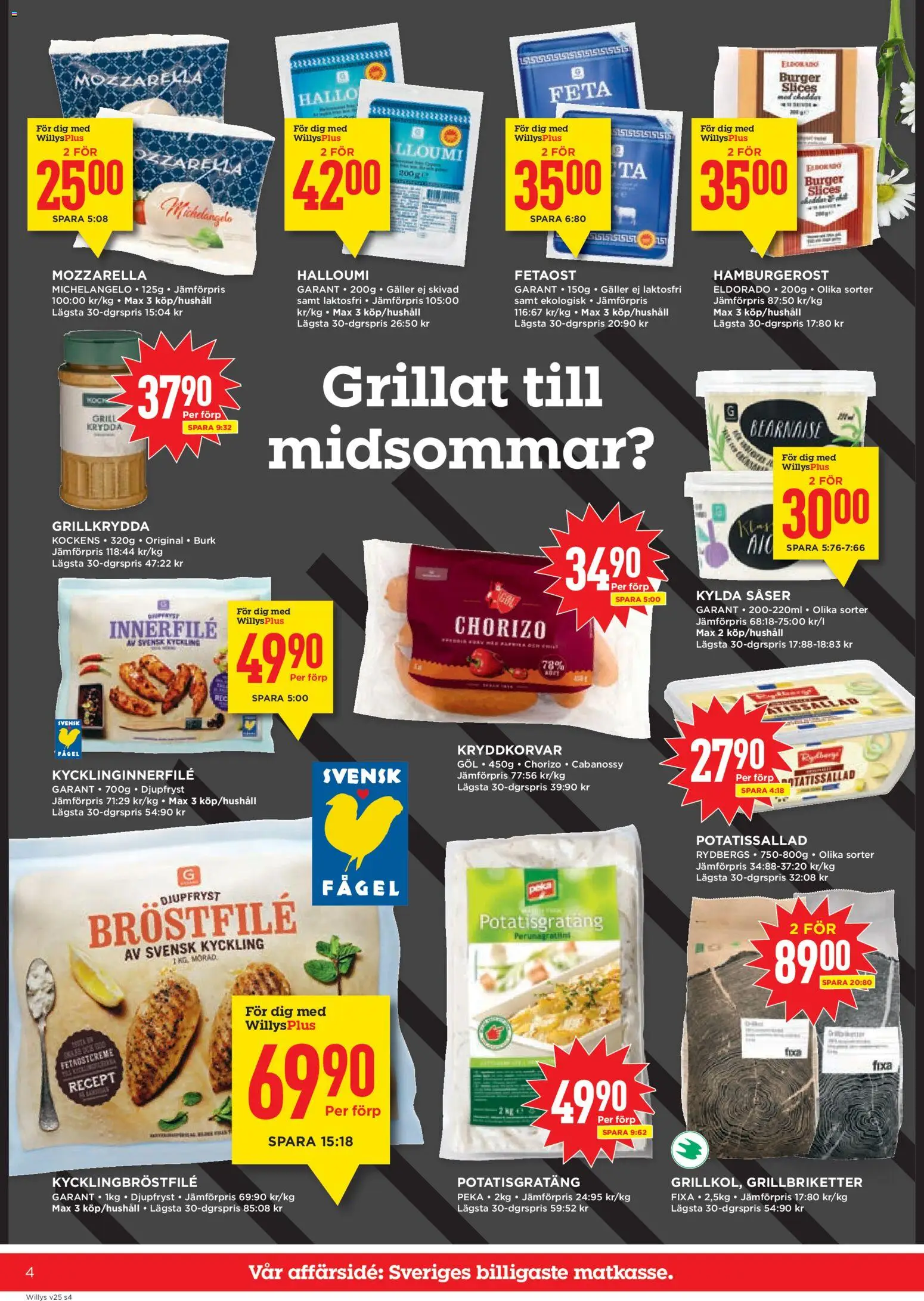 Willys reklamblad aktuell från 15.06.2026 | Sida: 4 | Produkter: Potatissallad, Galler, Fetaost, Halloumi