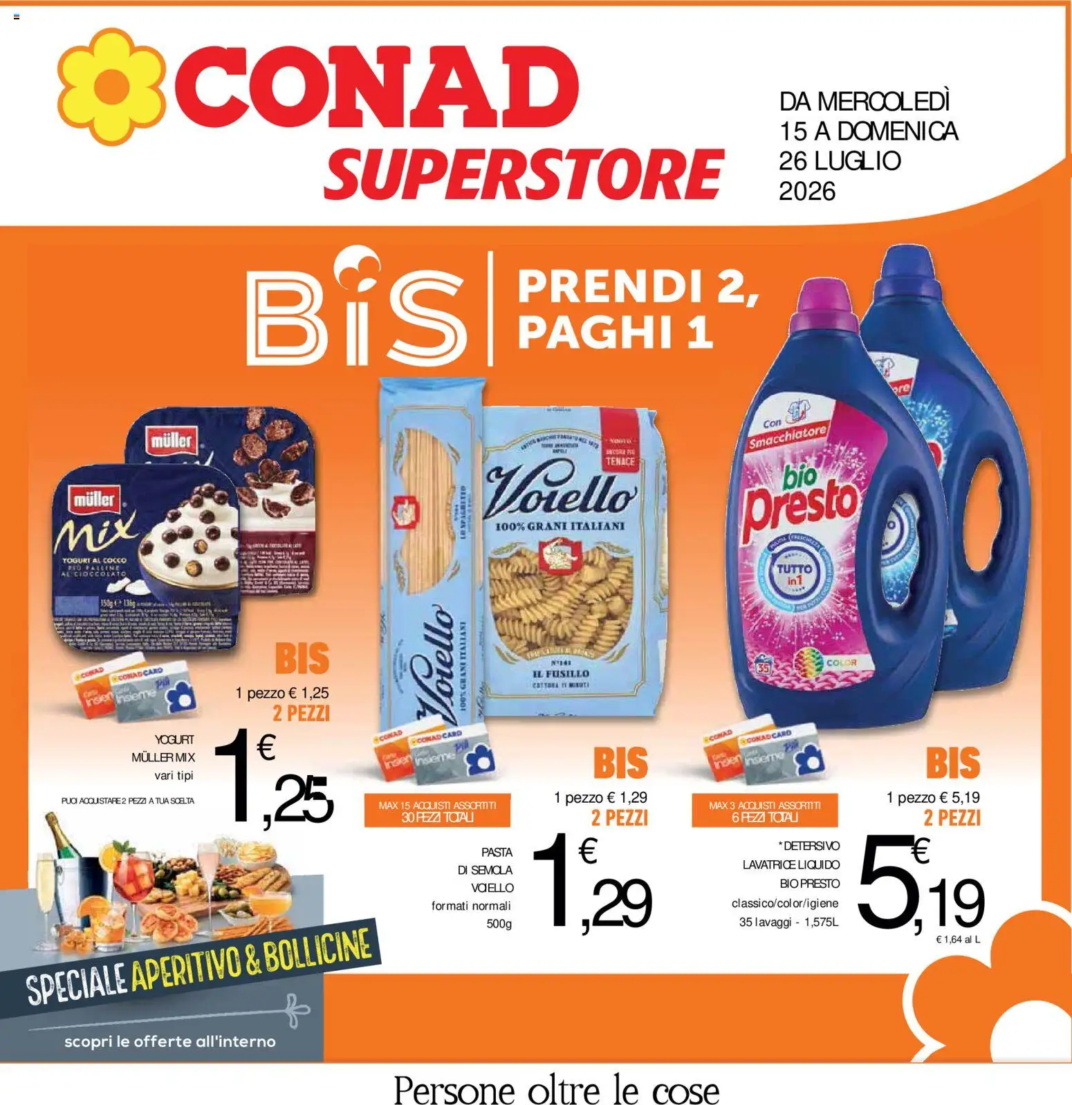 Volantino Conad del 15/07/2026 | Pagina: 1 | Prodotti: Yogurt, Cioccolato, Pasta, Cocco