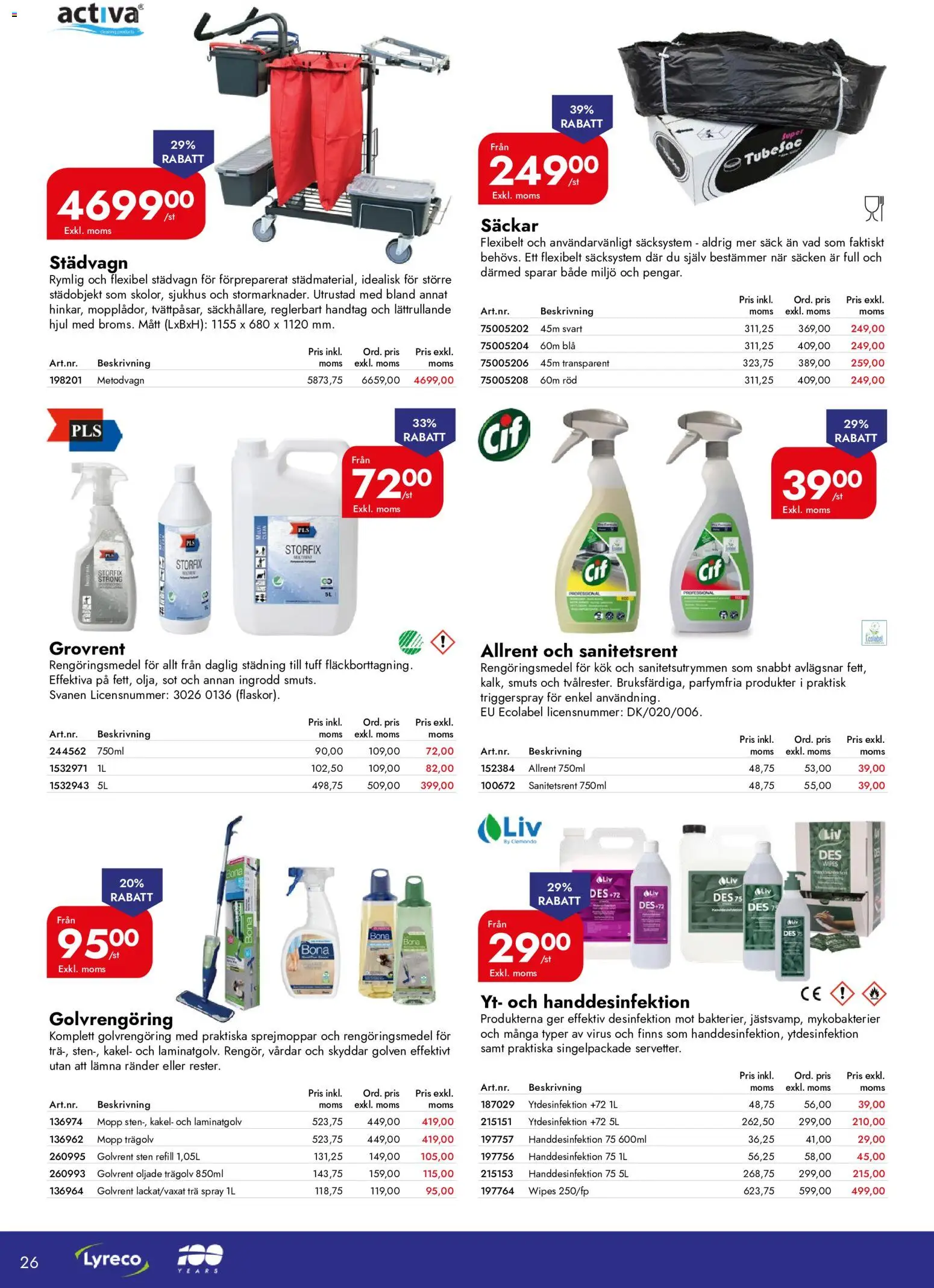 Lyreco reklamblad aktuell från 01/10/2026 | Sida: 26 | Produkter: Handdesinfektion, Rengöringsmedel, Mopp