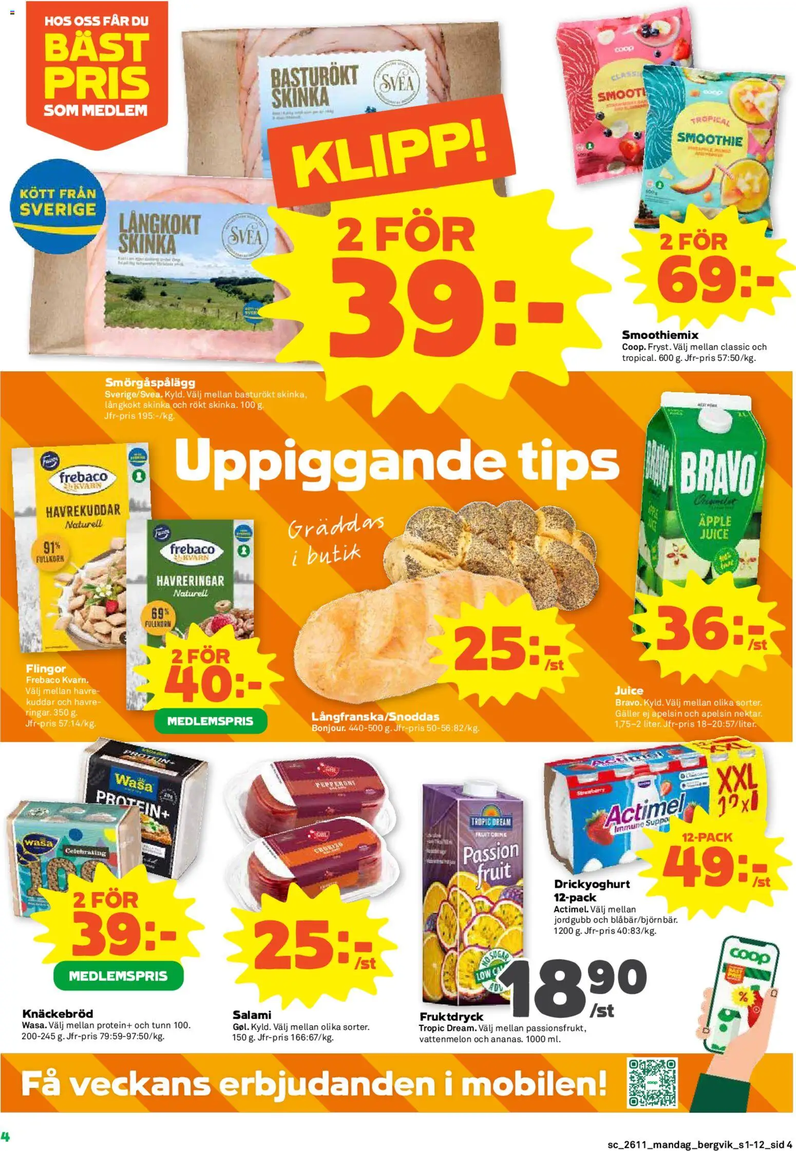 Stora Coop reklamblad aktuell från 09.03.2026 | Sida: 4 | Produkter: Knäckebröd, Vattenmelon, Skinka, Äpple
