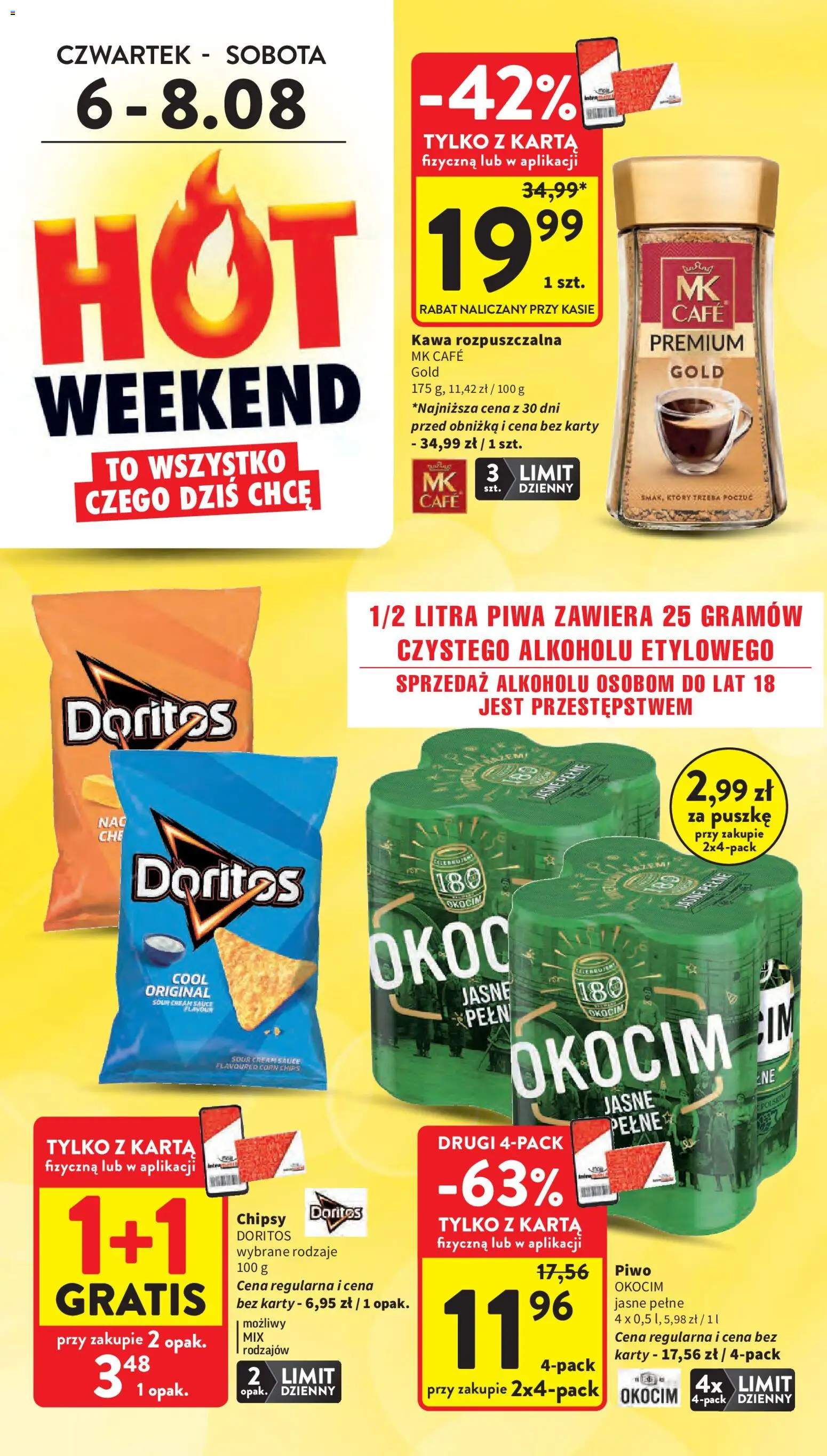 Intermarche gazetka od 06.08.2026 | Strona: 4 | Produkty: Chipsy, Kawa rozpuszczalna, Doritos, Piwo