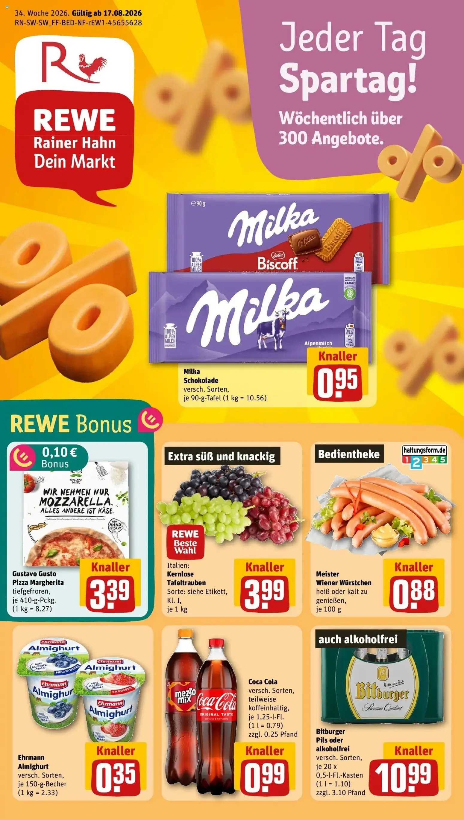 REWE Prospekt ab 17.08.2026 zum Blättern » Angebote | Seite: 1 | Produkte: Wiener wurstchen, Coca cola, Ehrmann almighurt, Milka schokolade