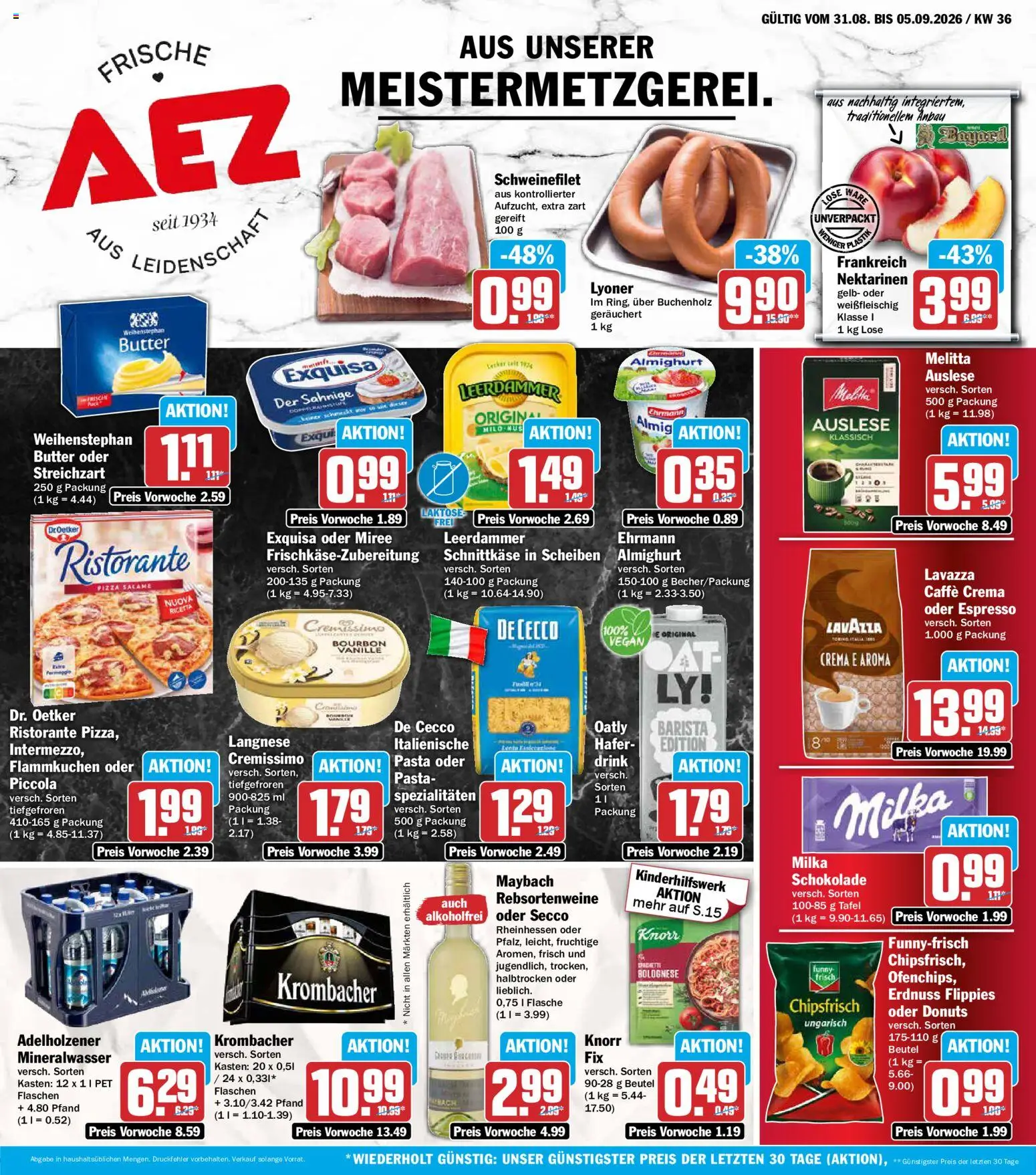 AEZ Prospekt – gültig ab 31.08.2026 | Seite: 1 | Produkte: Lavazza, Spezialitäten, Adelholzener, Mineralwasser