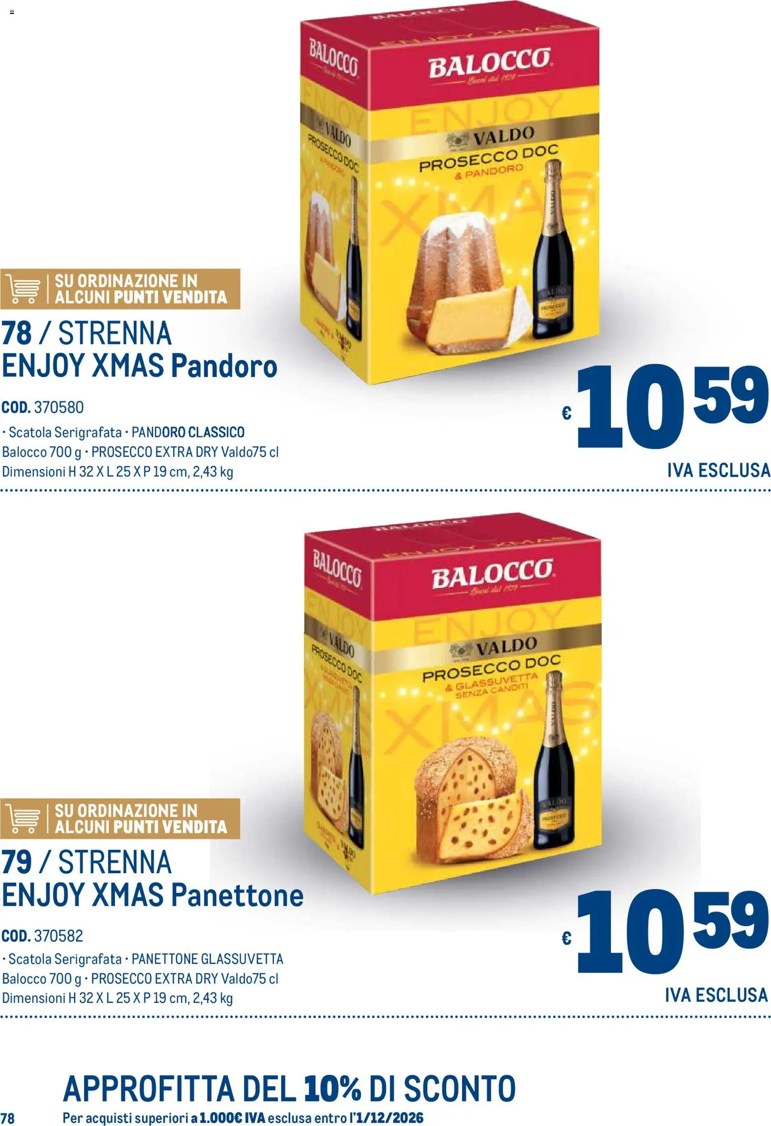 Volantino Metro del 19/10/2026 | Pagina: 78 | Prodotti: Prosecco, Pandoro, Panettone, Scatola