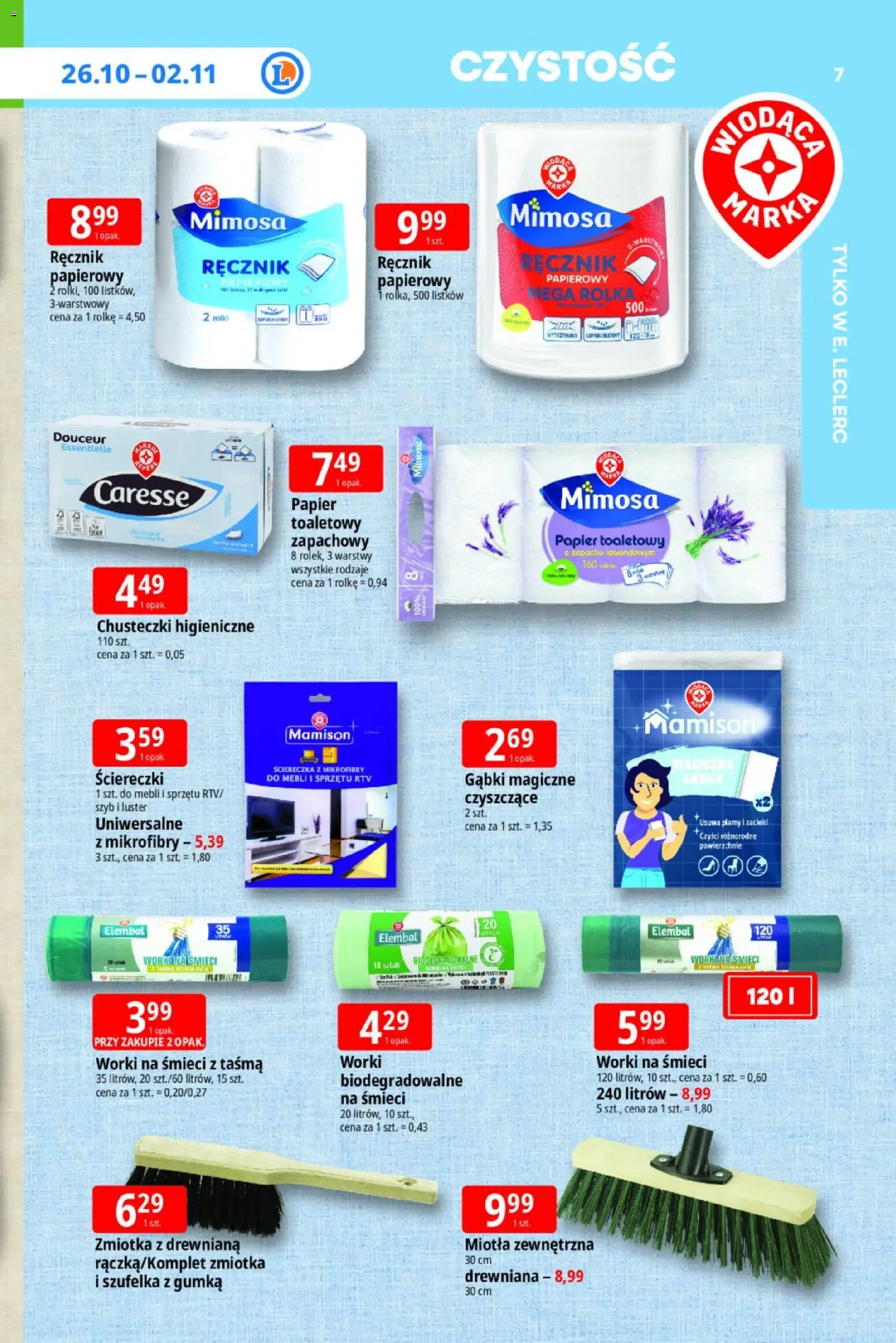 E.Leclerc gazetka - Tanio To Tu od 26.10.2026 | Strona: 7 | Produkty: Worki na śmieci, Chusteczki, Papier toaletowy, Ściereczki
