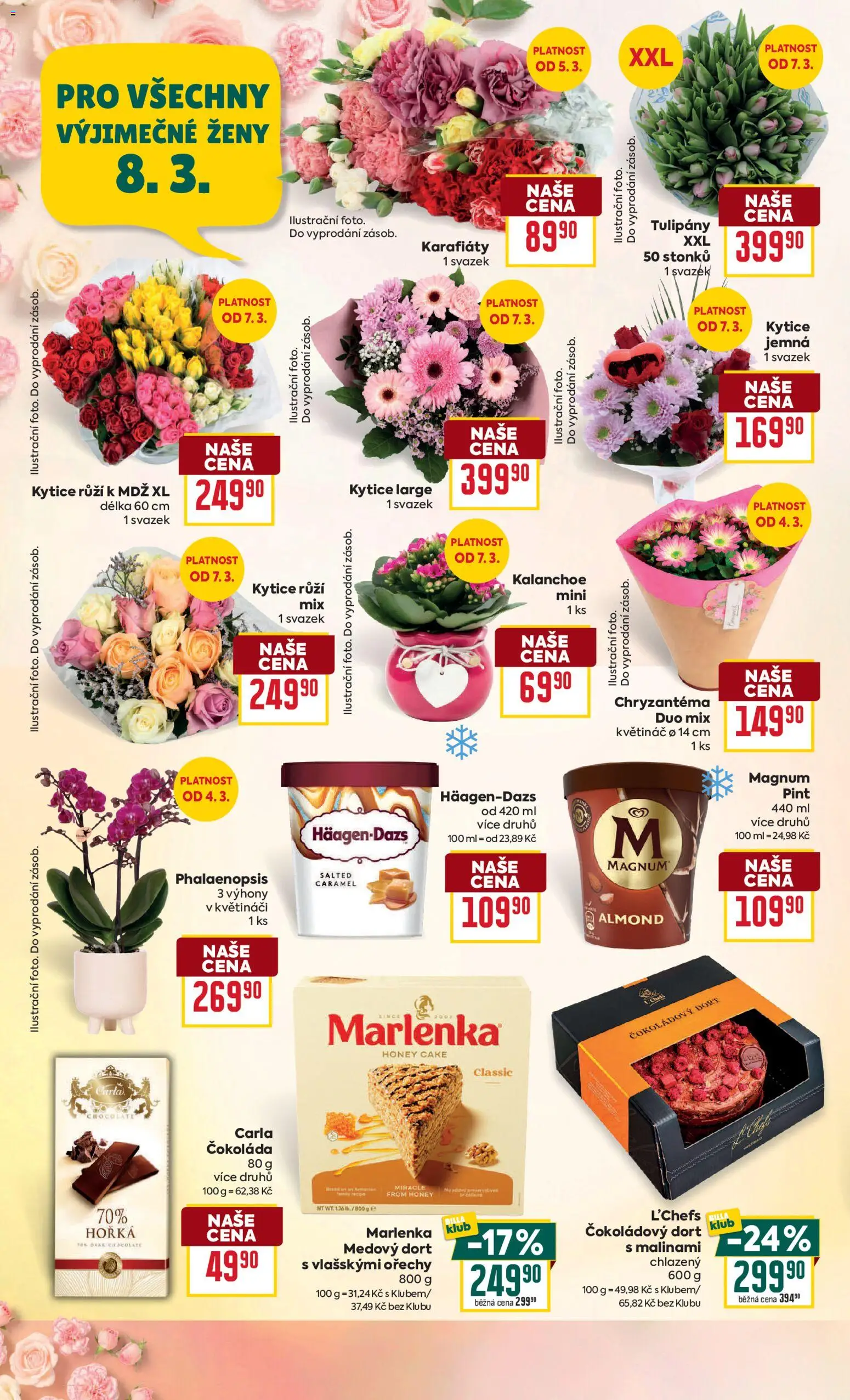 Billa Velký leták od 04.03.2026 | Strana: 14 | Produkty: Čokoládový dort, Ořechy, Tulipány, Květináč
