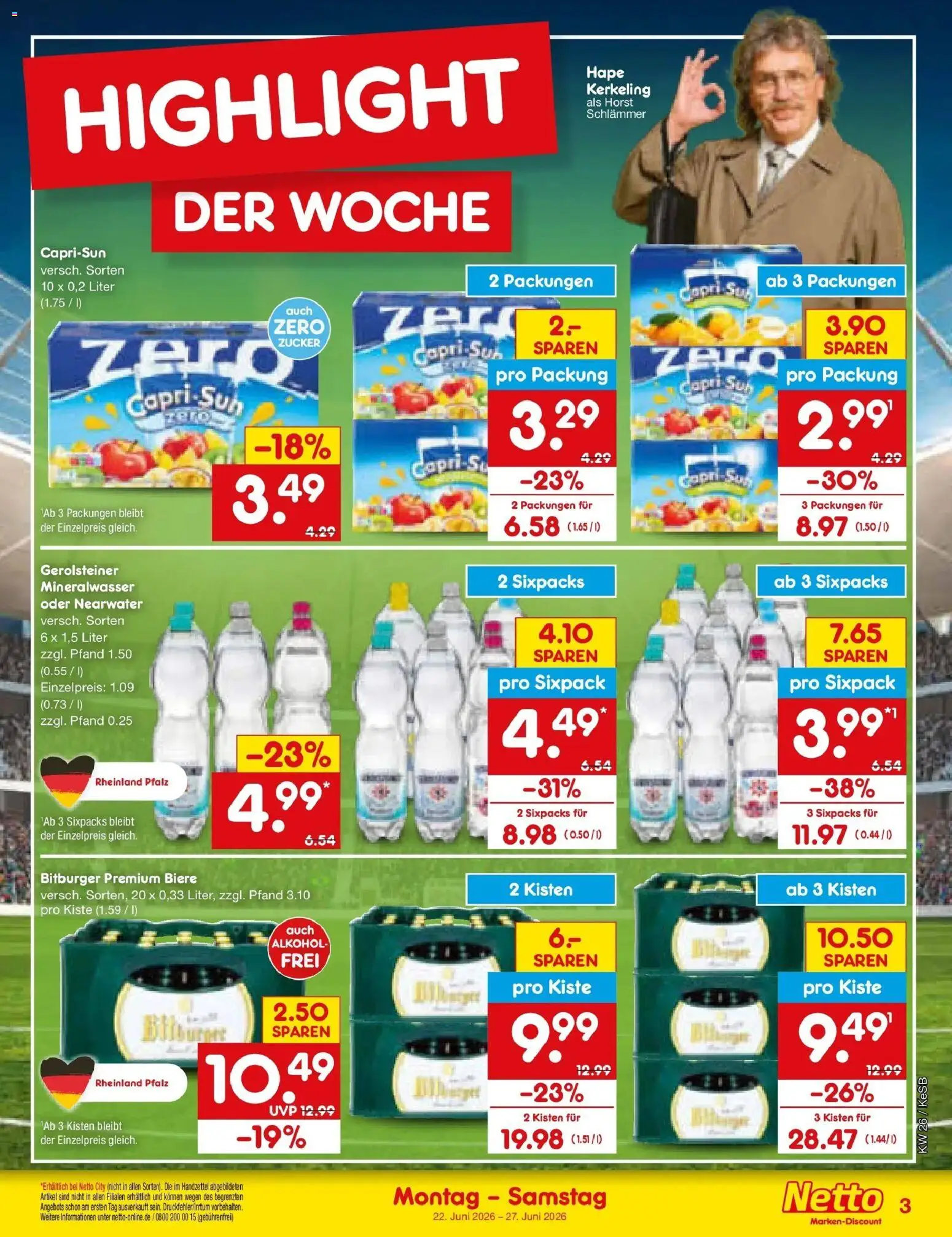 Netto Marken-Discount Prospekt Bonn – gültig ab 21.06.2026 | Seite: 3 | Produkte: Bitburger, Capri sun, Mineralwasser, Gerolsteiner