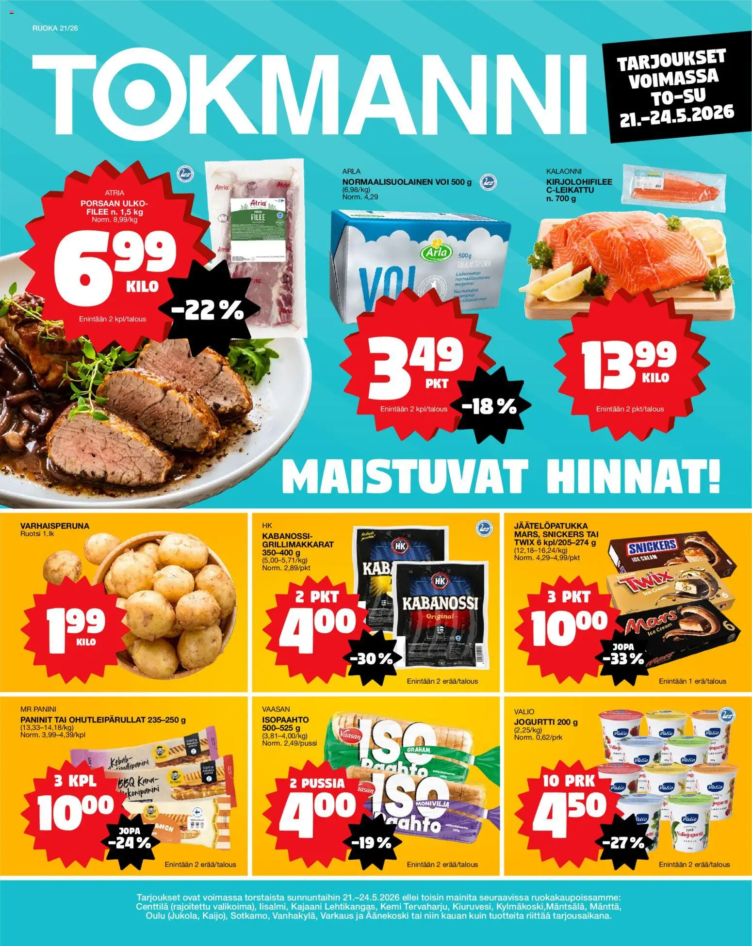 Tokmanni ruokatarjoukset – voimassa 21.05.2026 alkaen | Sivu: 1 | Tuotteet: Kana, Voi, Jogurtti