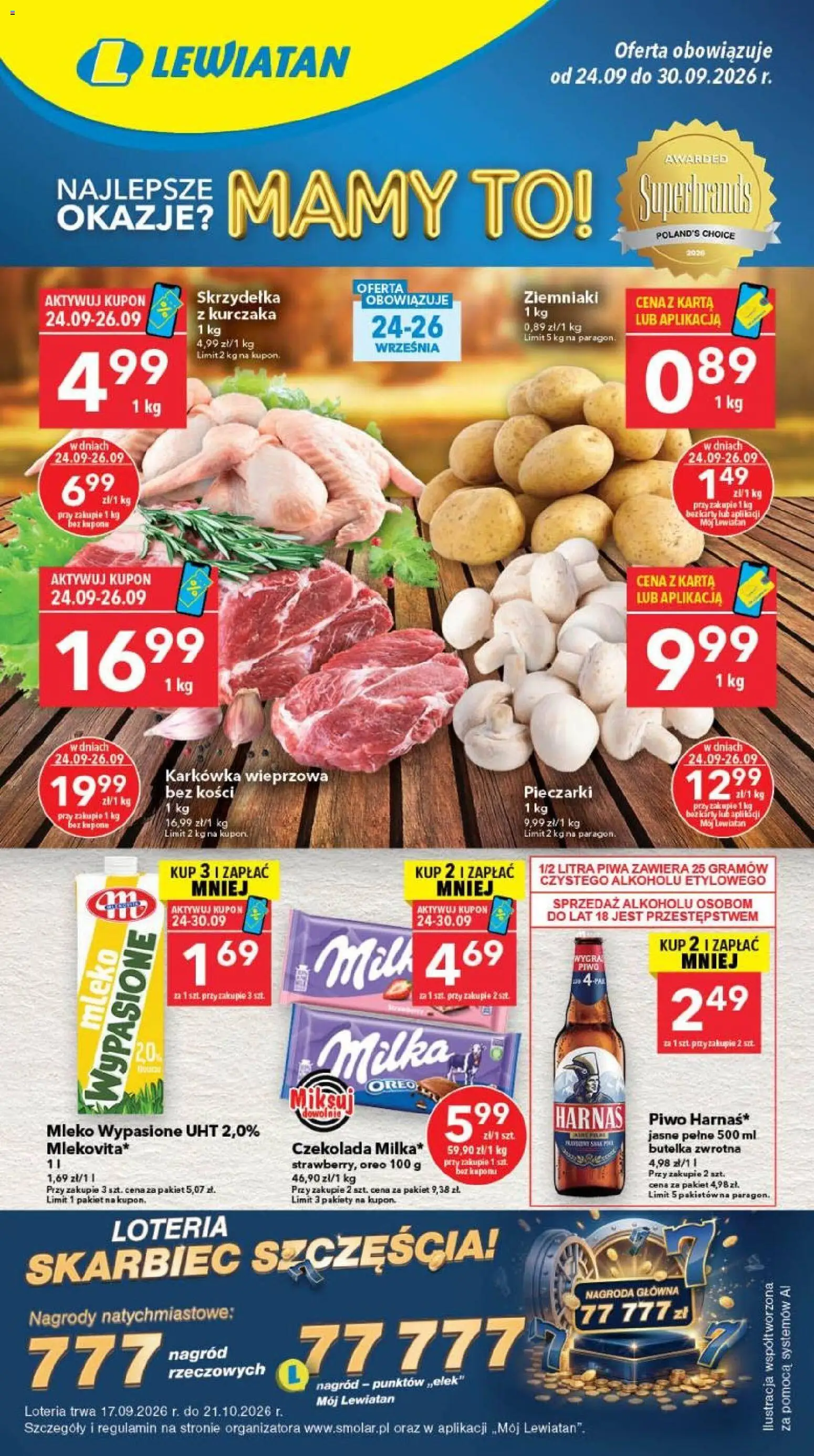 Lewiatan gazetka - Szczecin od 24.09.2026 | Strona: 1 | Produkty: Karta, Pieczarki, Oreo, Mleko
