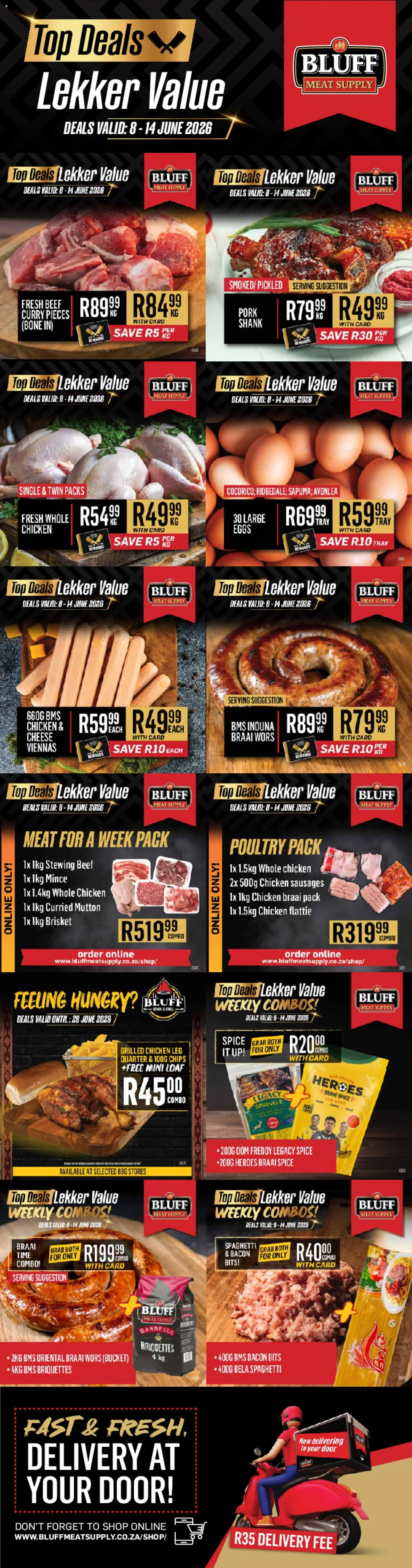 New Bluff Meat Supply catalogue – valid from 08.06.2026 | Page: 1 | Products: Tray, Limpiador íntimo, Chips, Bacon