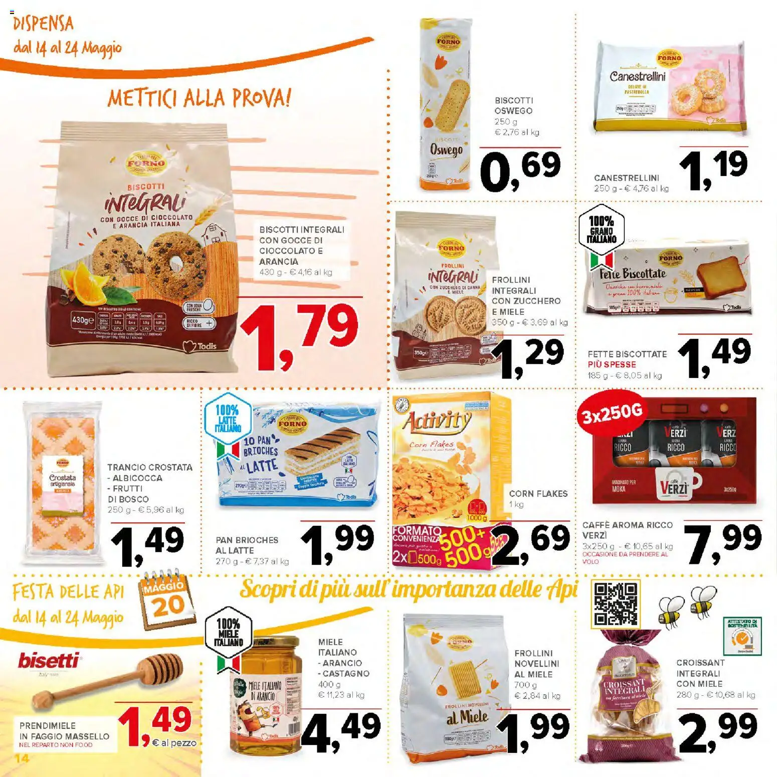 Volantino Todis del 14.05.2026 | Pagina: 14 | Prodotti: Cioccolato, Biscotti, Arancia, Miele
