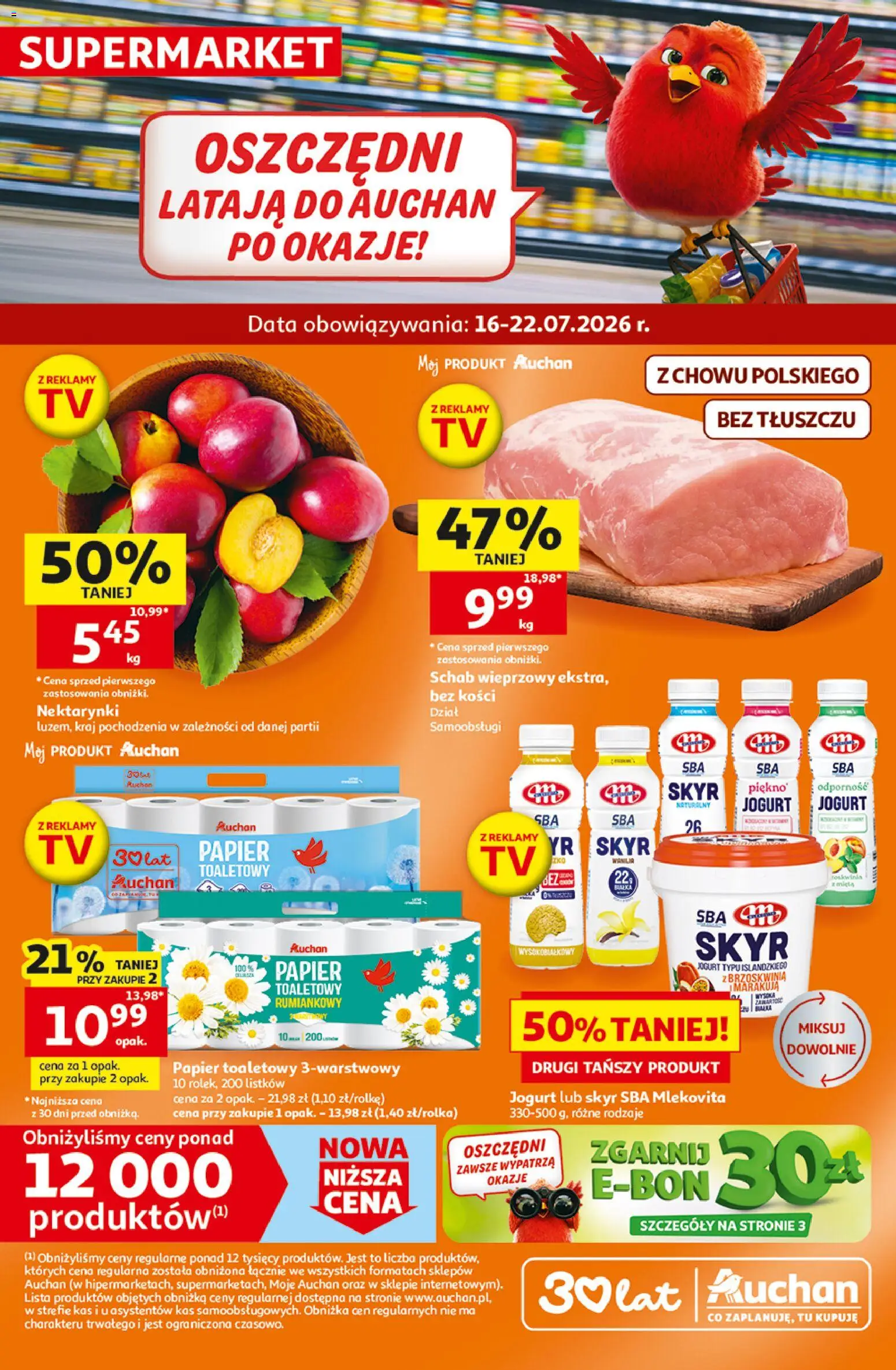 Auchan gazetka od 16.07.2026 | Strona: 1 | Produkty: Brzoskwinia, Papier toaletowy, Schab wieprzowy, Jogurt