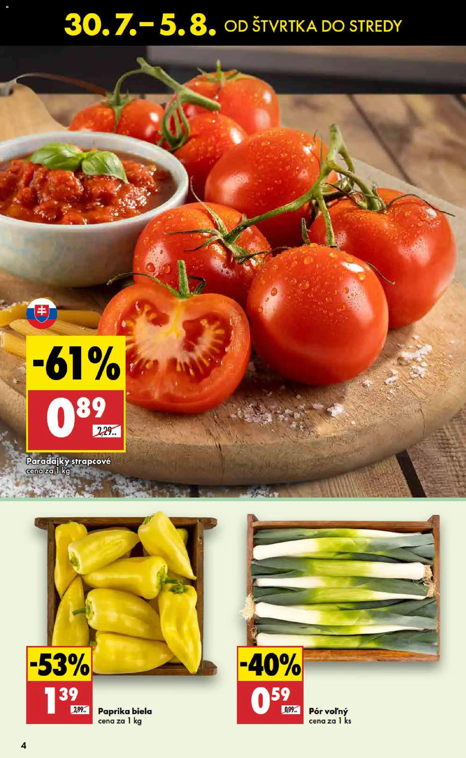 Nové Biedronka akcie – leták je platný od 30.07.2026 | Strana: 4 | Produkty: Paprika, Paradajky, Pór