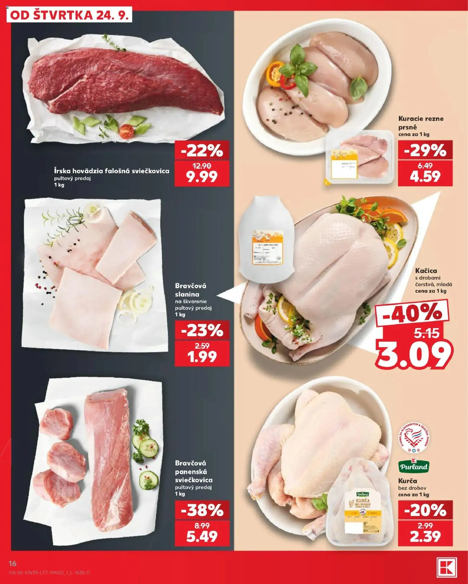 Nové Kaufland akcie – leták je platný od 24.09.2026 | Strana: 16 | Produkty: Slanina, Kurča, Rezne, Hydina