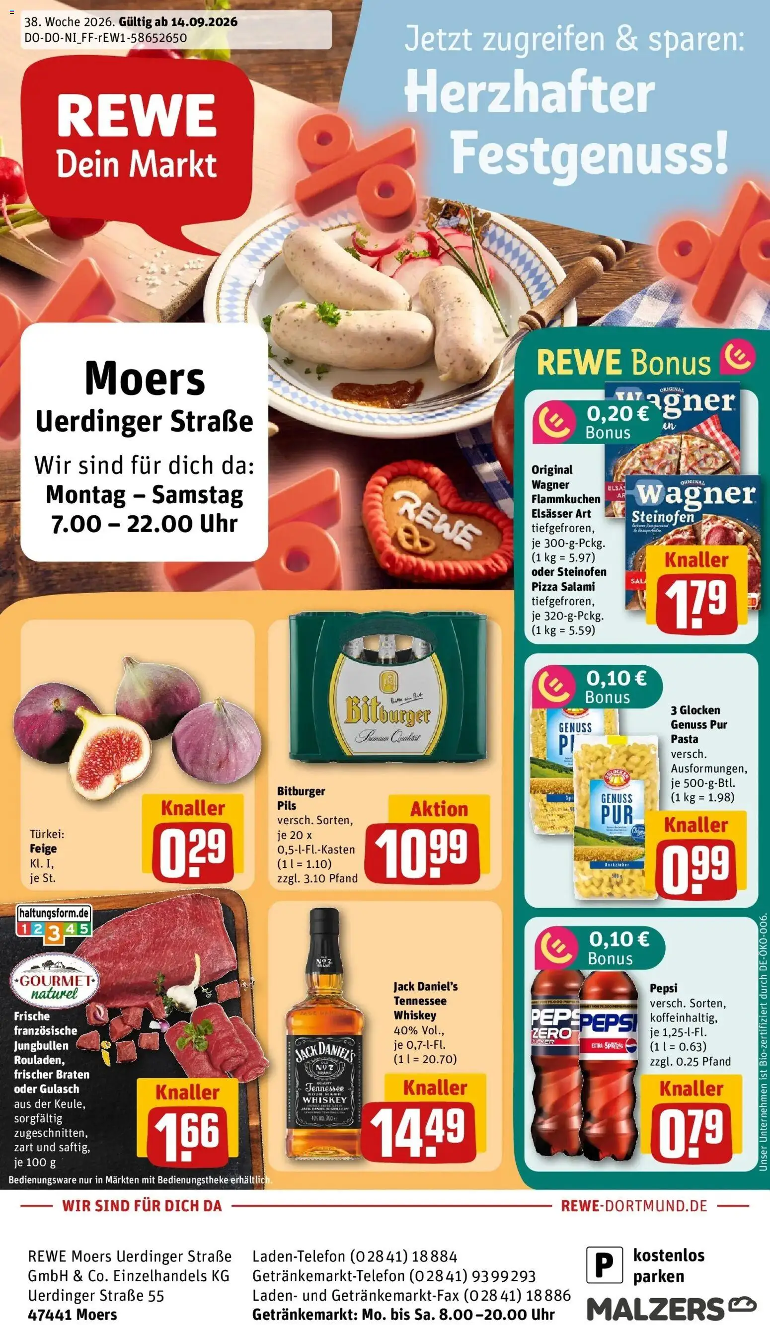 REWE Prospekt ab 14.09.2026 zum Blättern » Angebote | Seite: 1 | Produkte: Pils, Gulasch, Salami, Whiskey