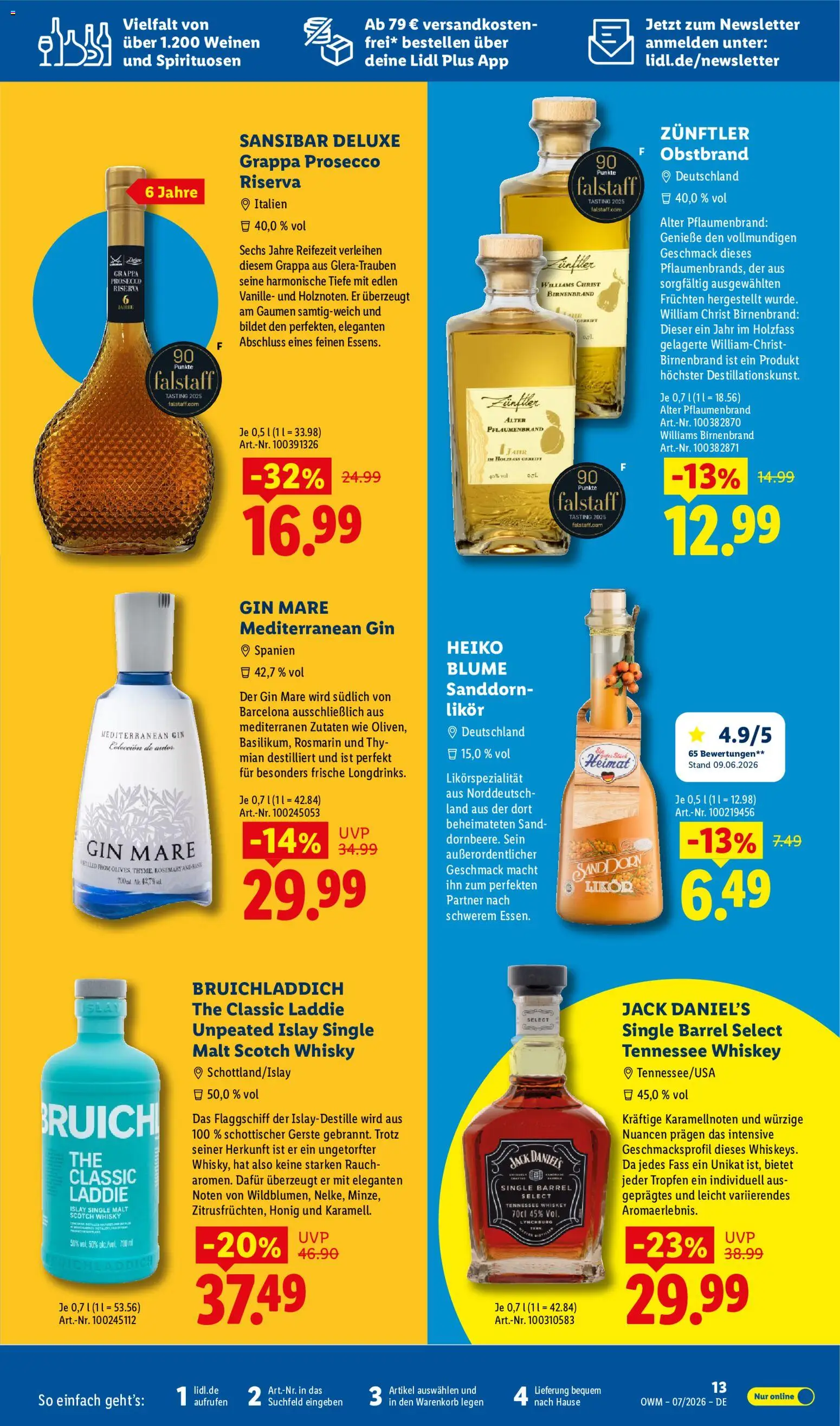 Lidl Německo leták - Wein & Spirituosen od 01.07.2026 | Strana: 13 | Produkty: Gin, Gin Mare, Grappa, Dort
