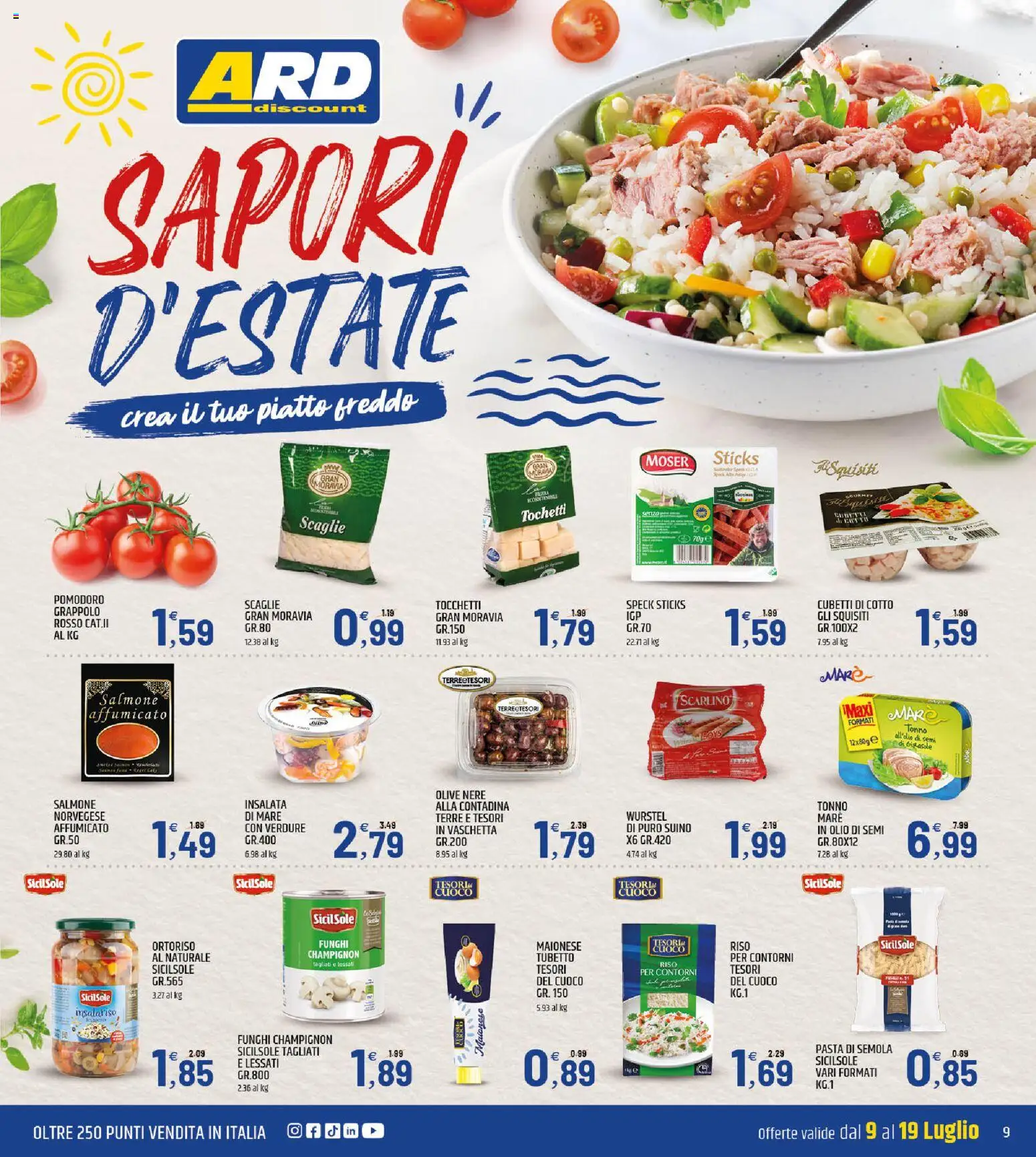 Volantino ARD Discount del 09/07/2026 | Pagina: 9 | Prodotti: Salmone affumicato, Verdure, Olio, Wurstel