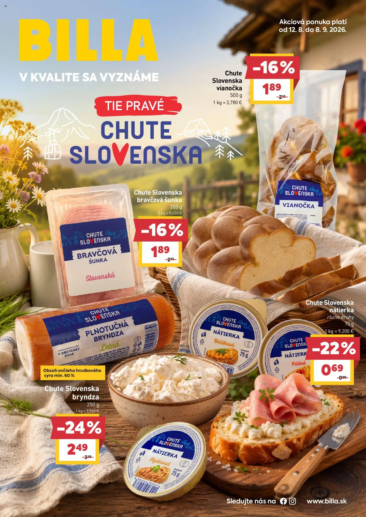 Nové Billa akcie – leták je platný od 12.08.2026 | Strana: 1 | Produkty: Šunka, Vianočka, Nátierka, Bryndza