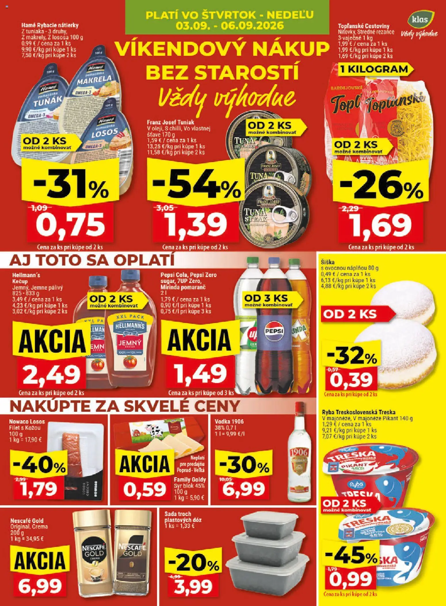 Nové Klas akcie – leták je platný od 31.08.2026 | Strana: 26 | Produkty: Tuniak, Makrela, Pepsi, Nescafé Gold