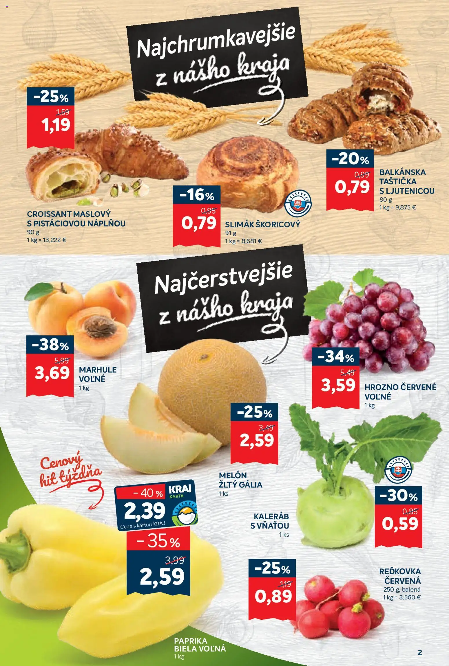 Nové Kraj akcie – leták je platný od 11.06.2026 | Strana: 2 | Produkty: Paprika, Croissant, Melón, Marhule