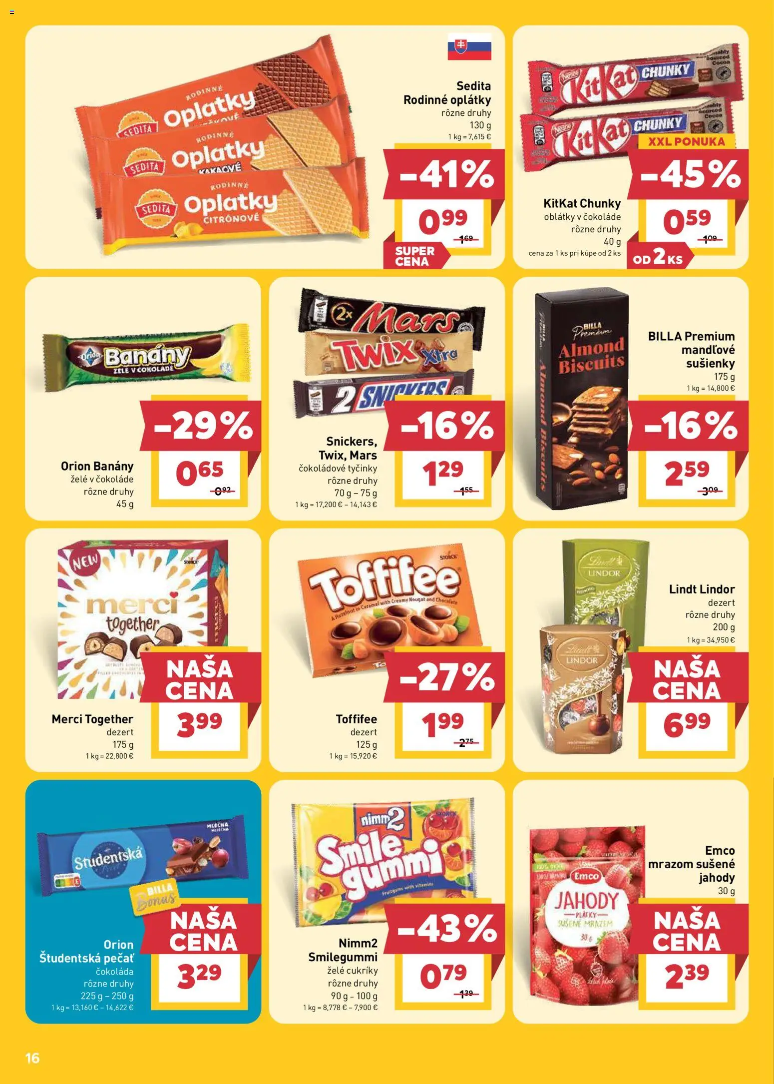 Nové Billa akcie – leták je platný od 15.07.2026 | Strana: 16 | Produkty: Lindor, Lindt, Toffifee, Cukríky