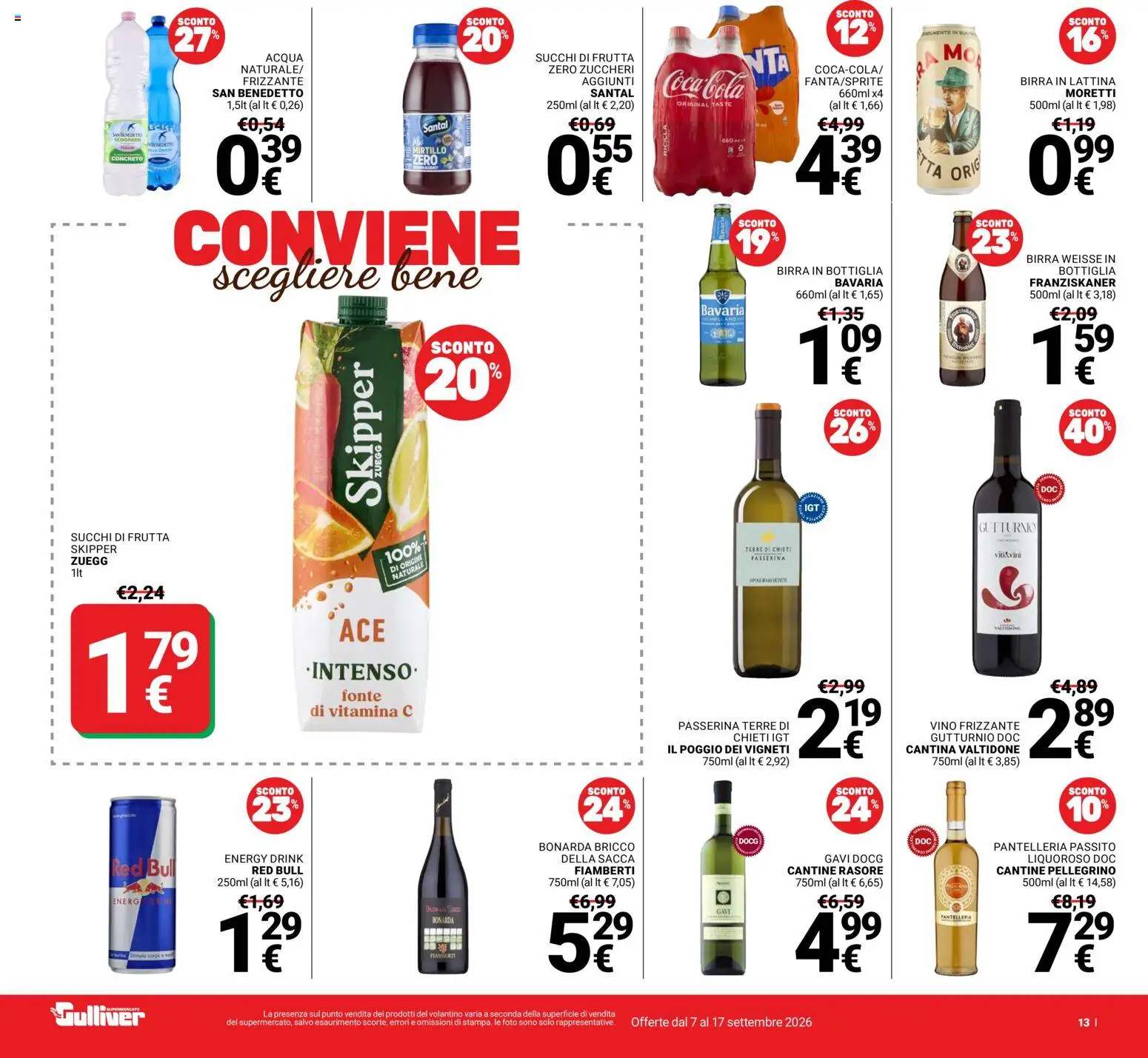 Volantino Gulliver del 07/09/2026 | Pagina: 13 | Prodotti: Birra, Birra in lattina, Acqua, Vino