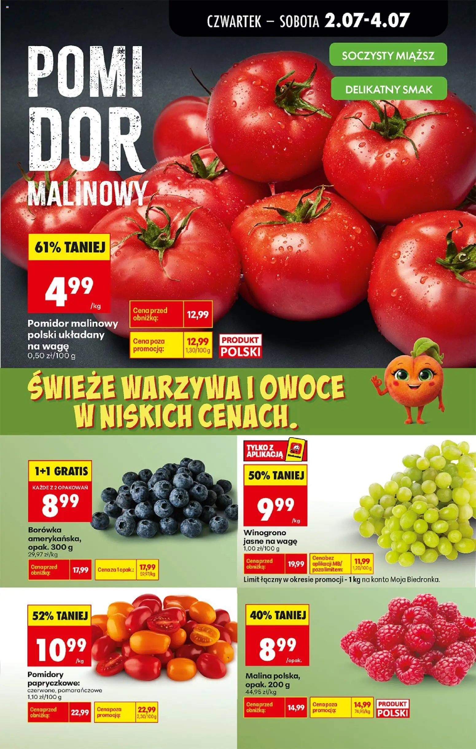 Biedronka gazetka od czwartku od 02.07.2026 | Strona: 17 | Produkty: Pomidor malinowy, Pomidory papryczkowe, Warzywa, Owoce